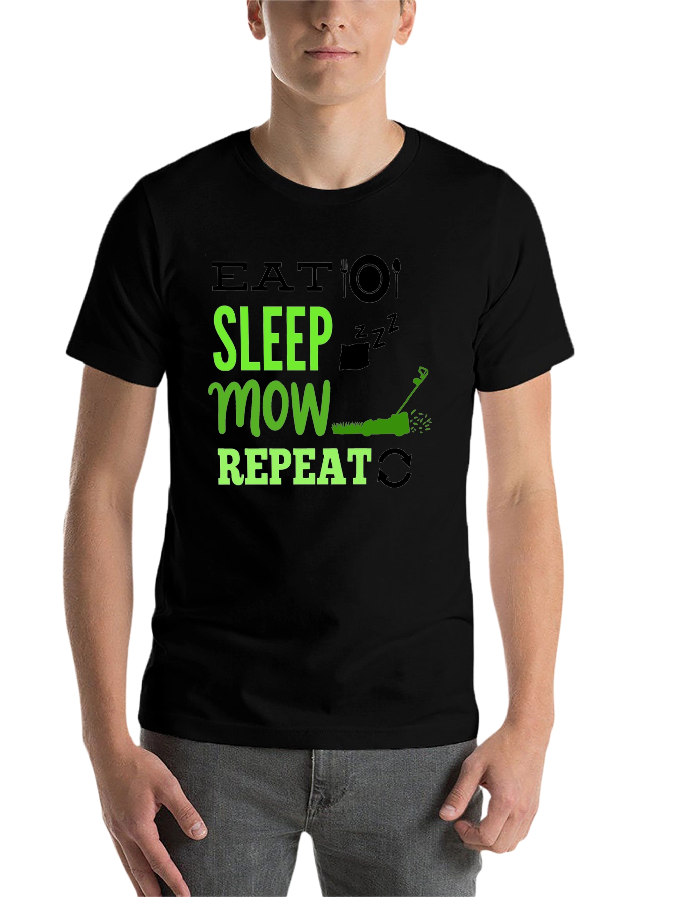 Black Eat Sleep Mow Repeat T-Shirt - Lawn Care Humor view 7