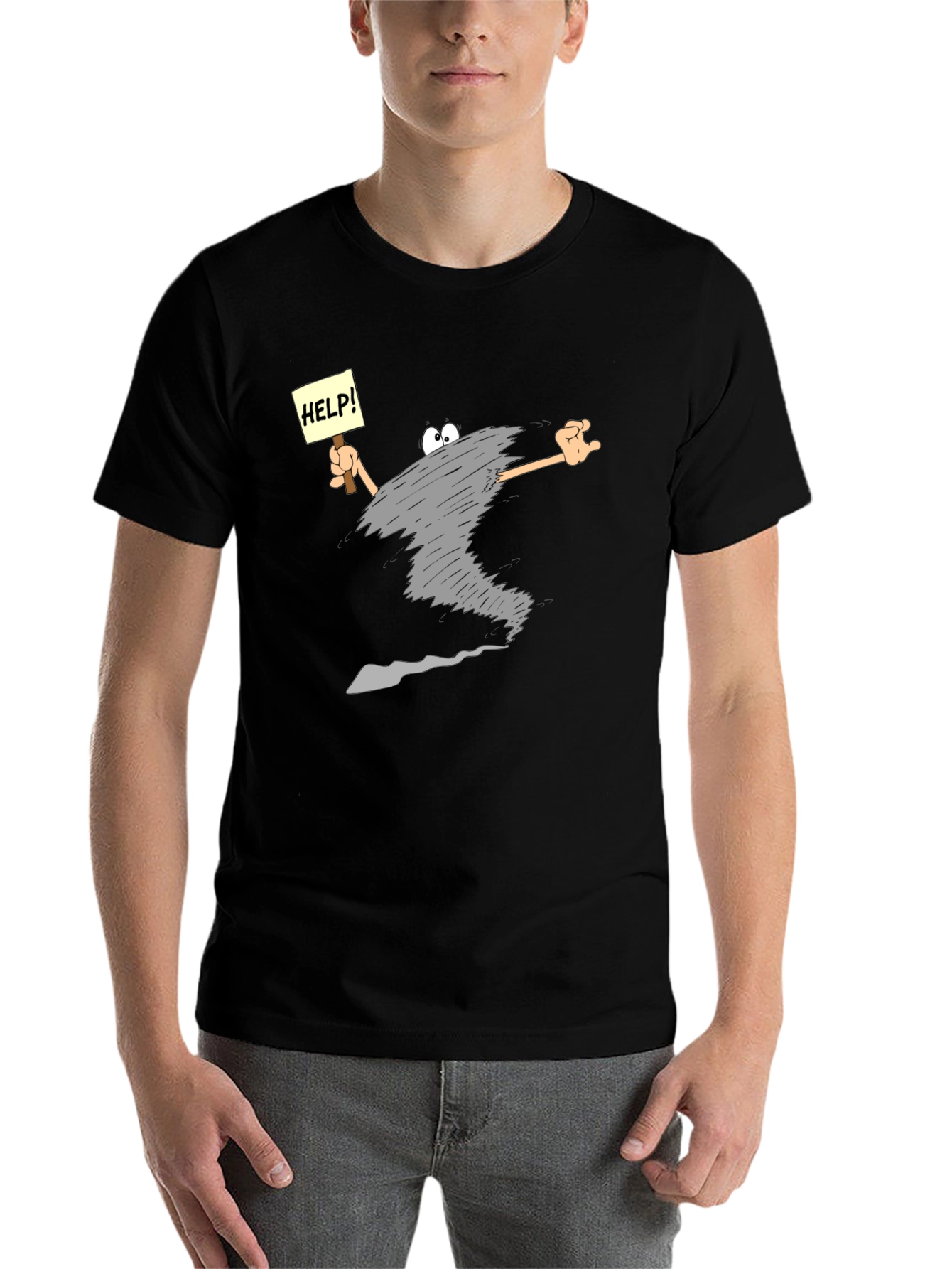 Black Cartoon Tornado "Help!" T-Shirt - Black view 7
