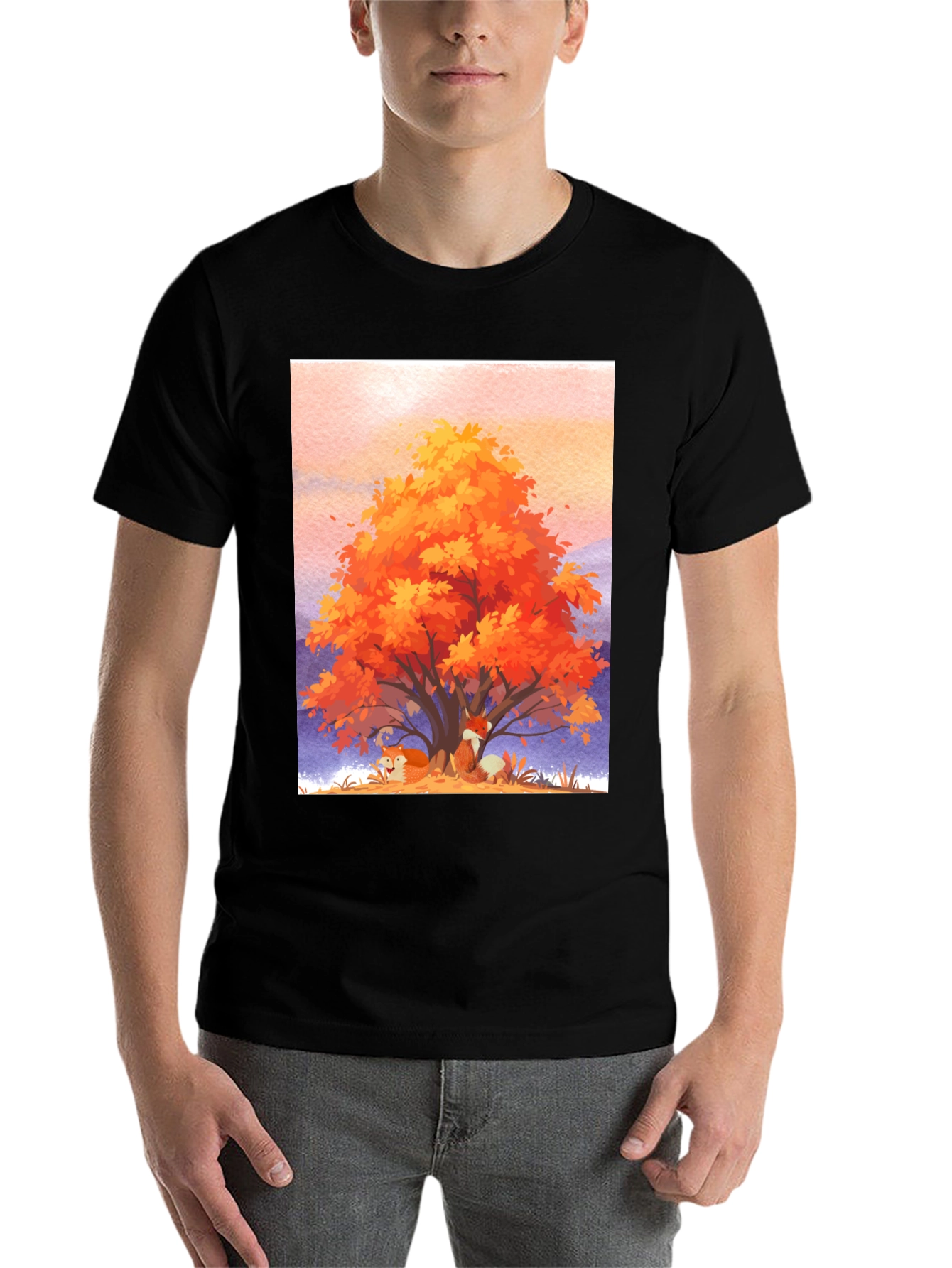 Black Autumn Fox Tree Graphic Tee - Comfortable Cotton Blend view 7