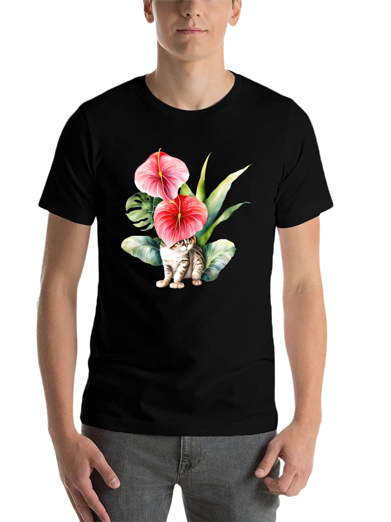Black Floral Cat T-Shirt - Unique Graphic Tee view 7