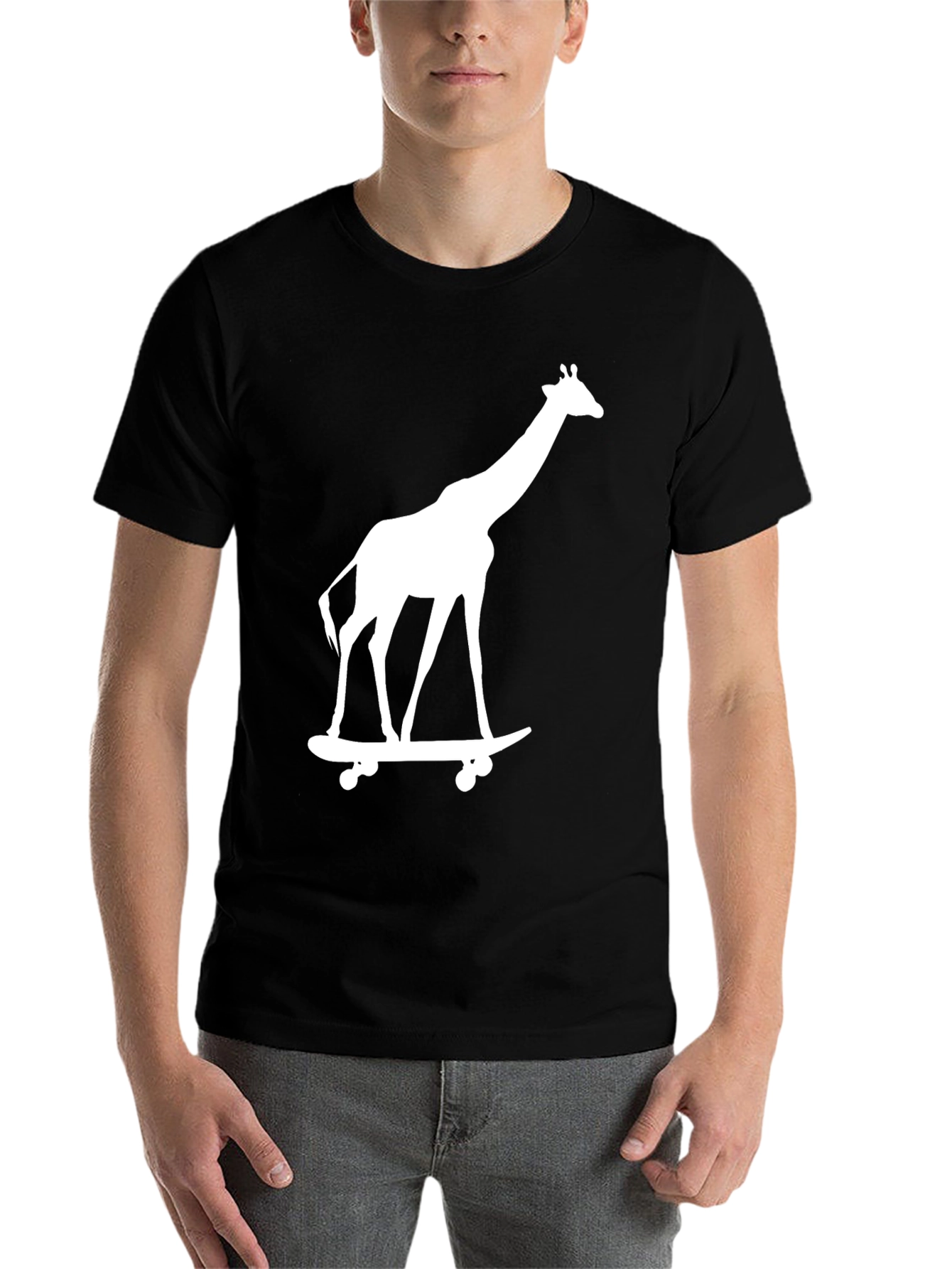 Black Giraffe on Skateboard Graphic Tee - Black Cotton T-Shirt view 7
