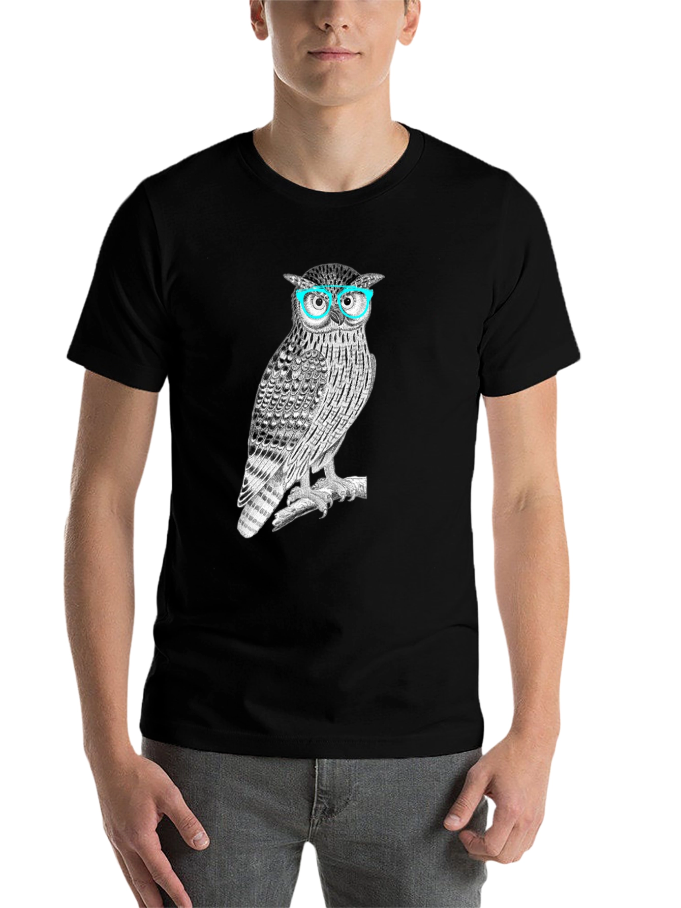 Black Owl with Glasses Graphic Tee - Men's Black T-Shirt view 7