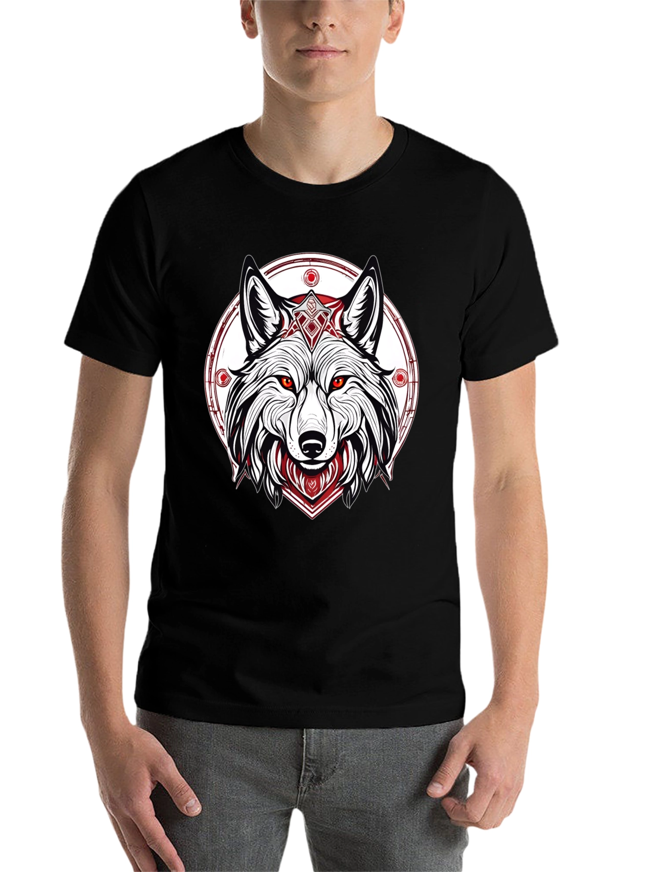 Black Men's Black T-Shirt with Wolf Graphic view 7