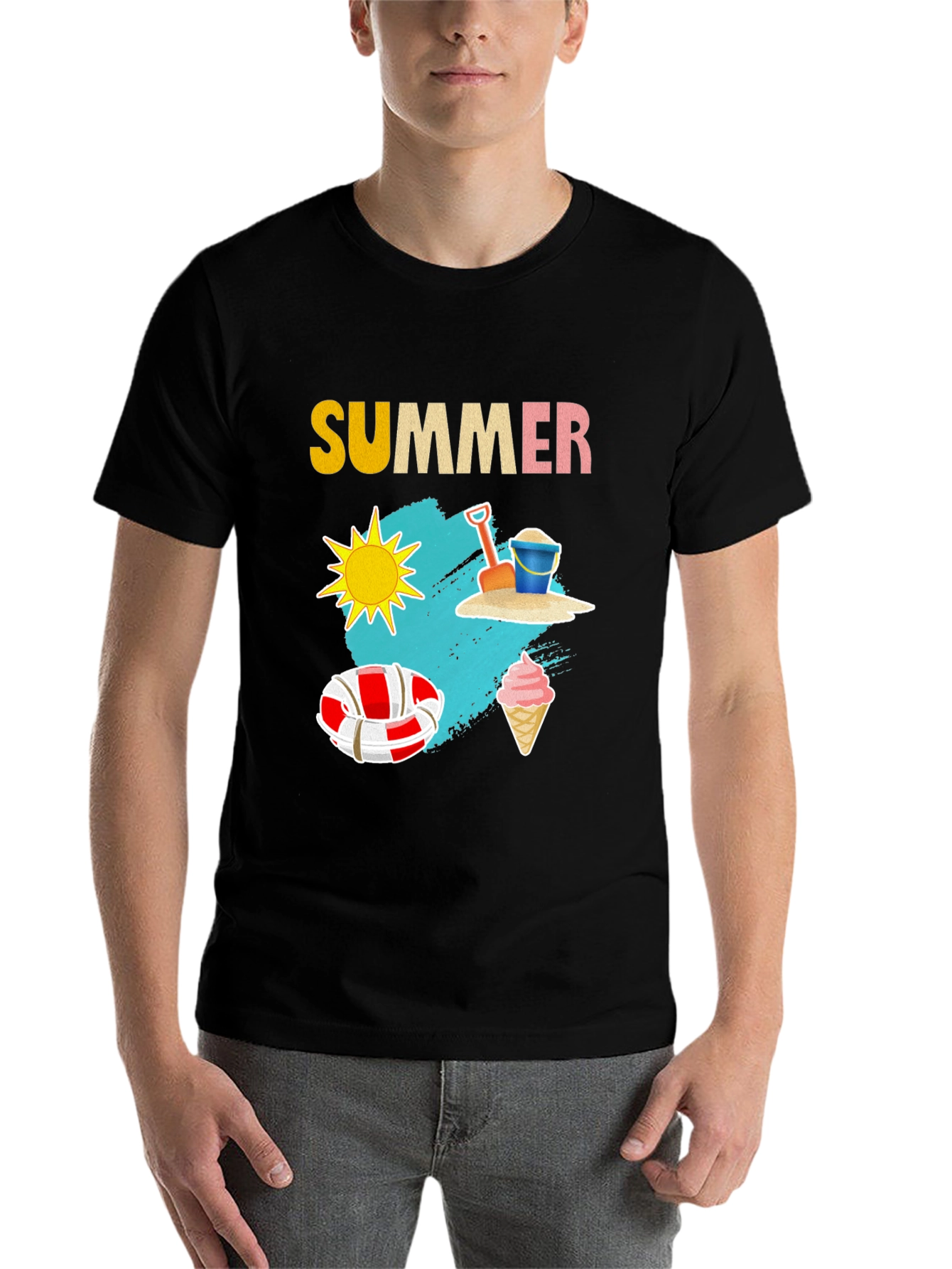 Black Summer T-Shirt with Beach Theme Graphic view 7