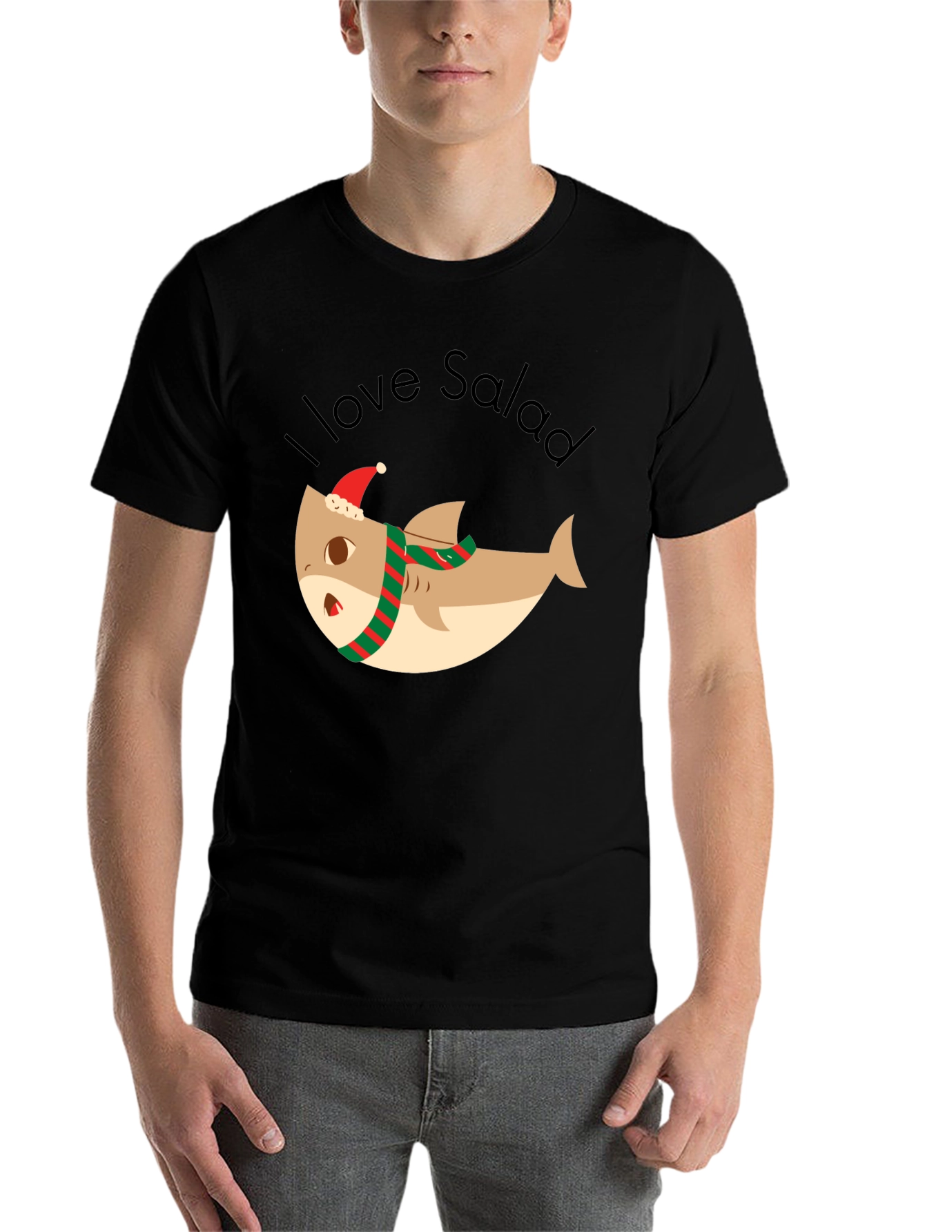 Black Funny Shark I Love Salad Christmas T-Shirt view 7