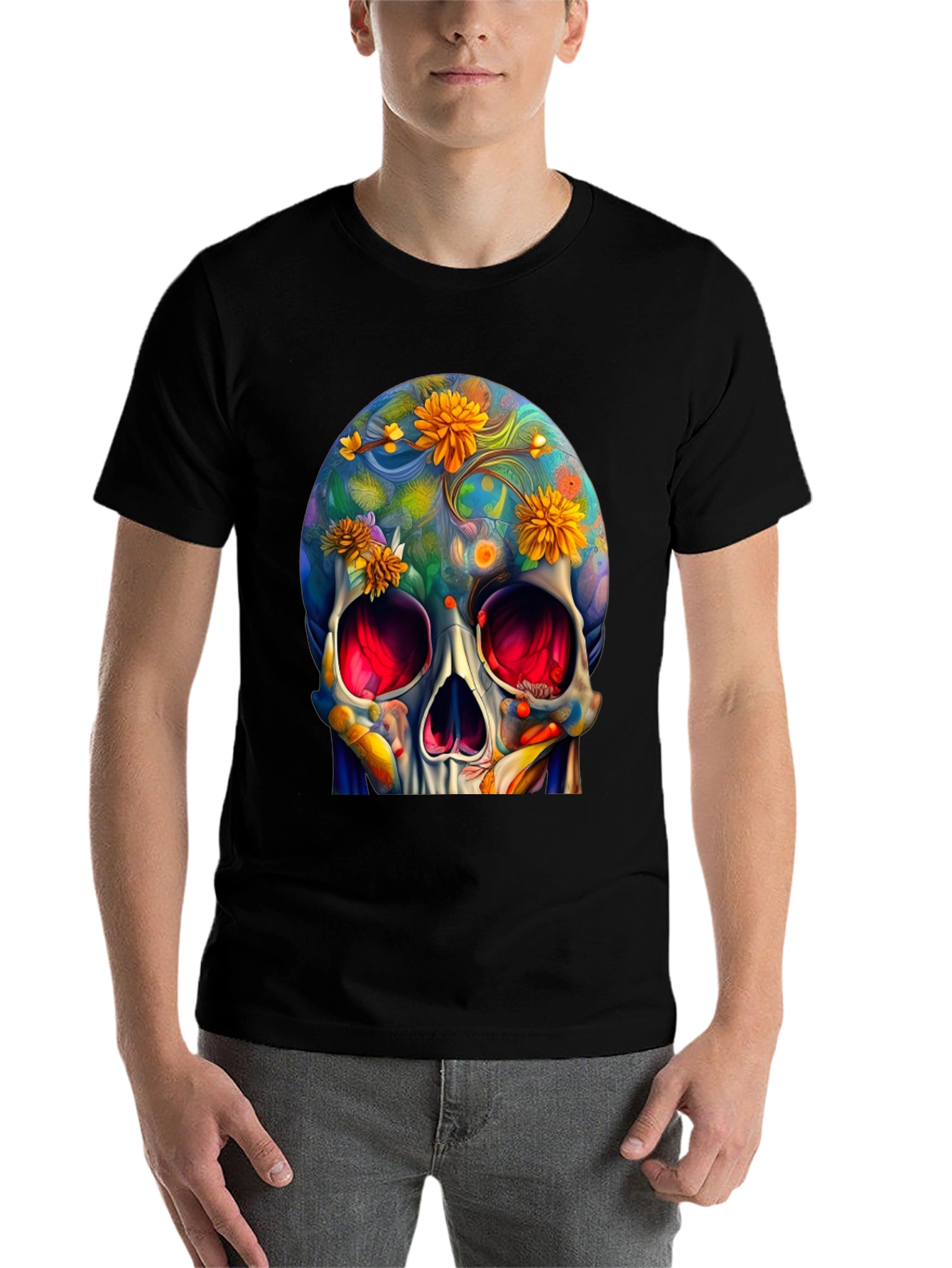 Black Floral Skull Graphic Tee - Unique Art Design view 7