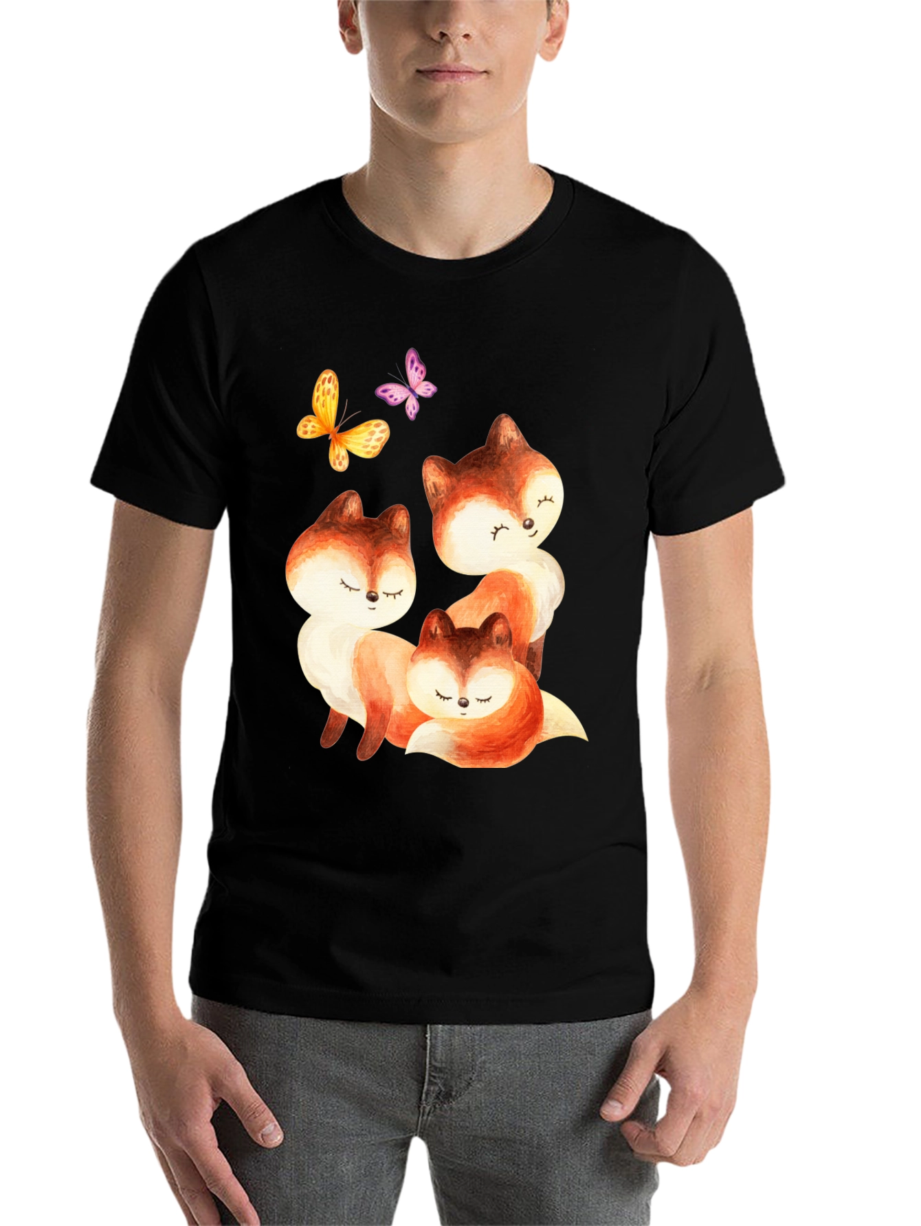 Black Cute Fox & Butterfly Graphic Tee view 7