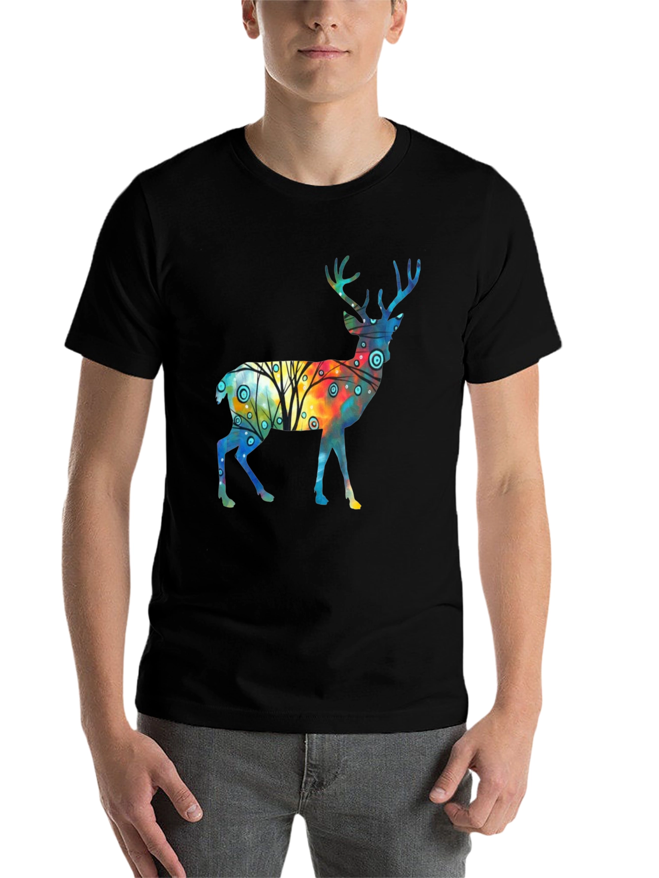 Black Watercolor Deer Graphic Tee - Stylish Black T-Shirt view 7