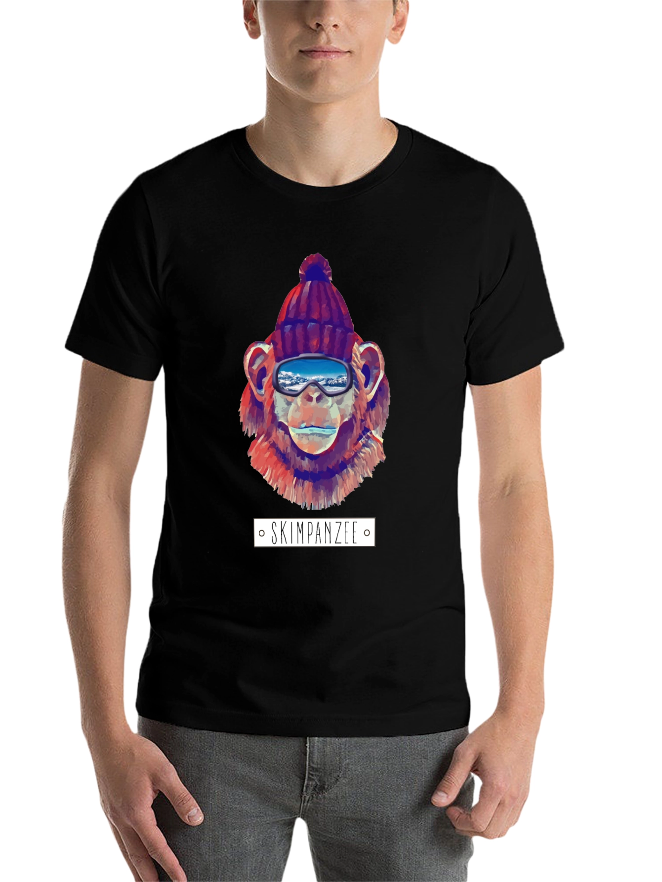 Black Skiing Chimpanzee Graphic T-Shirt view 7