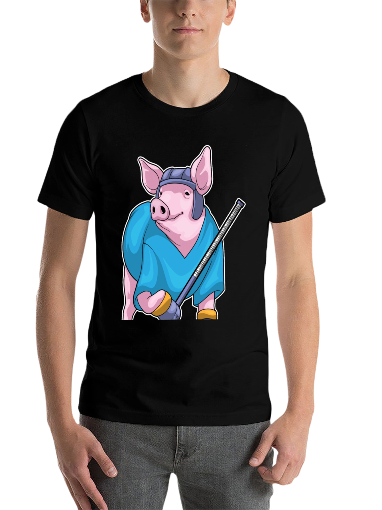 Black Hockey Pig T-Shirt - Funny Animal Sports Tee view 7