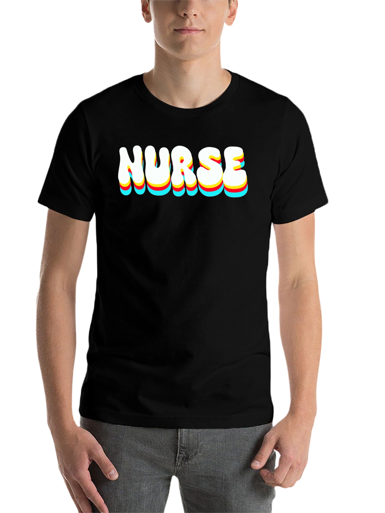 Black Nurse Retro Stacked Text Black T-Shirt view 7