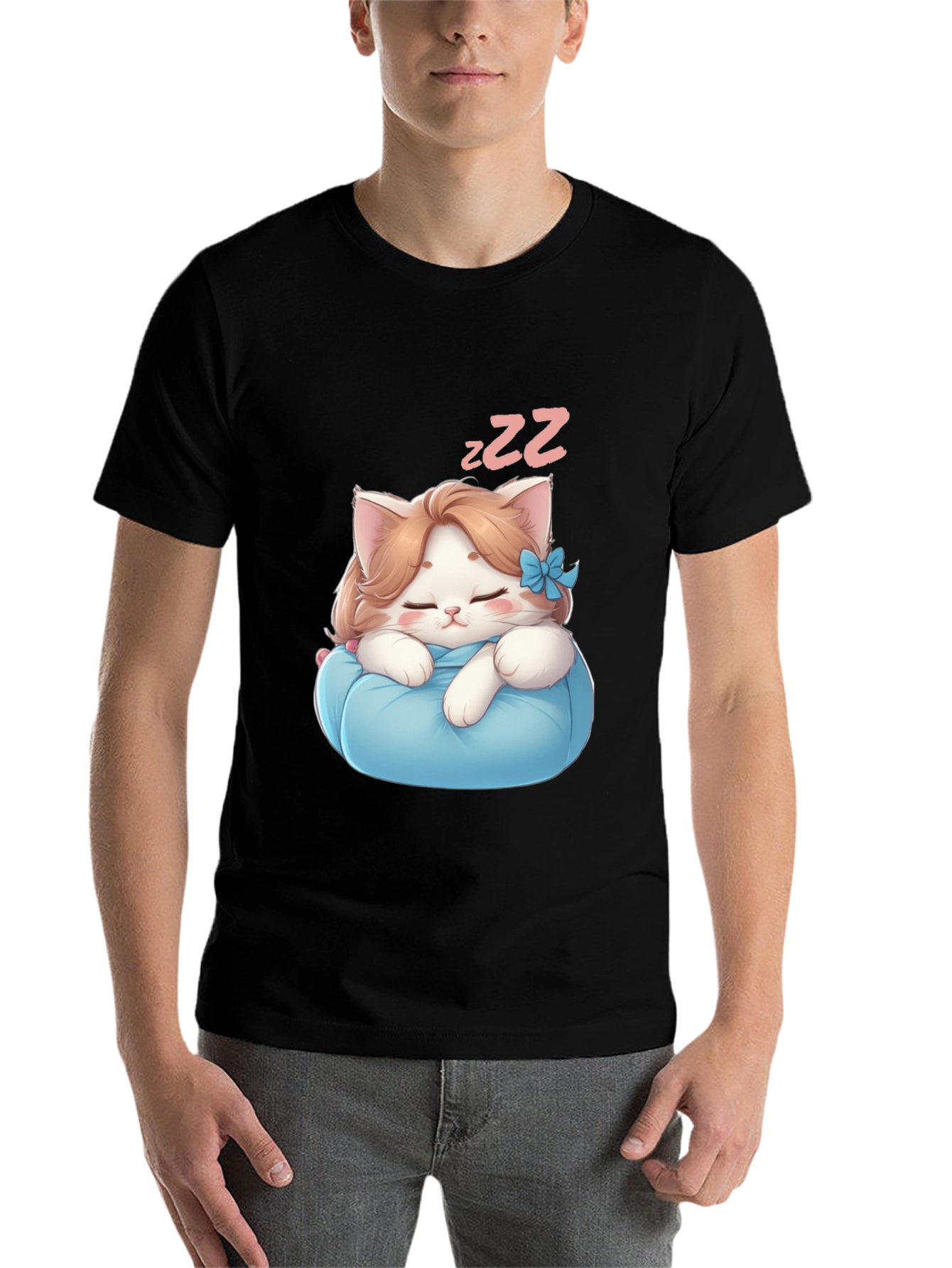 Black Cute Sleeping Kitten Black T-Shirt view 7
