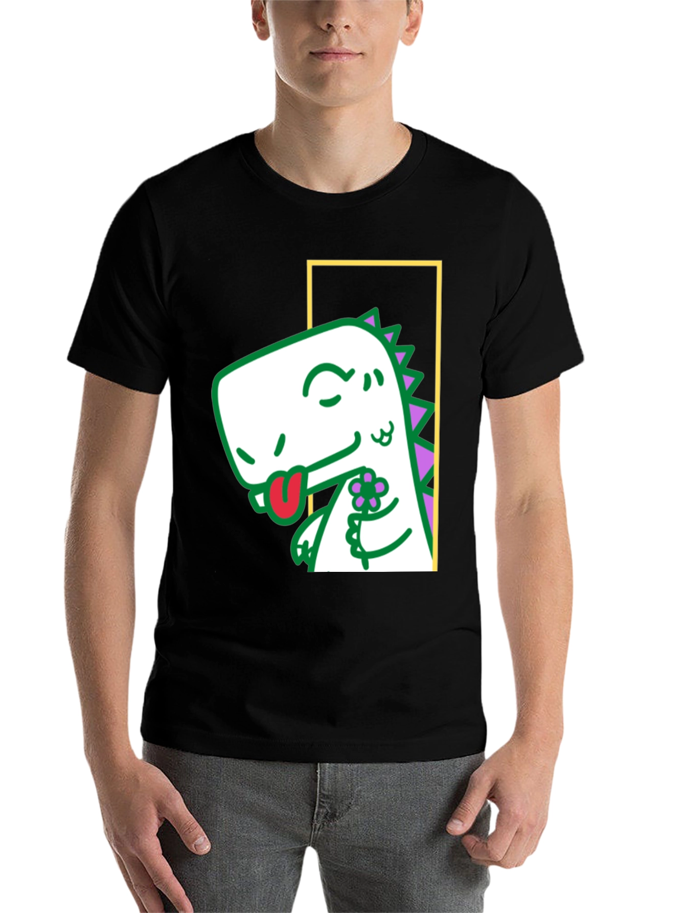 Black Dinosaur Holding Flower Graphic Tee view 7