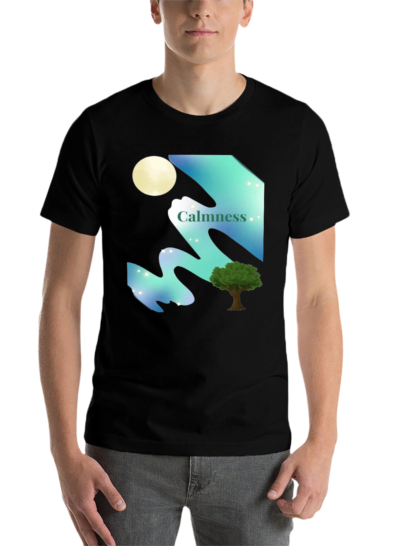 Black Calmness Night Scene Graphic T-Shirt - Black view 7