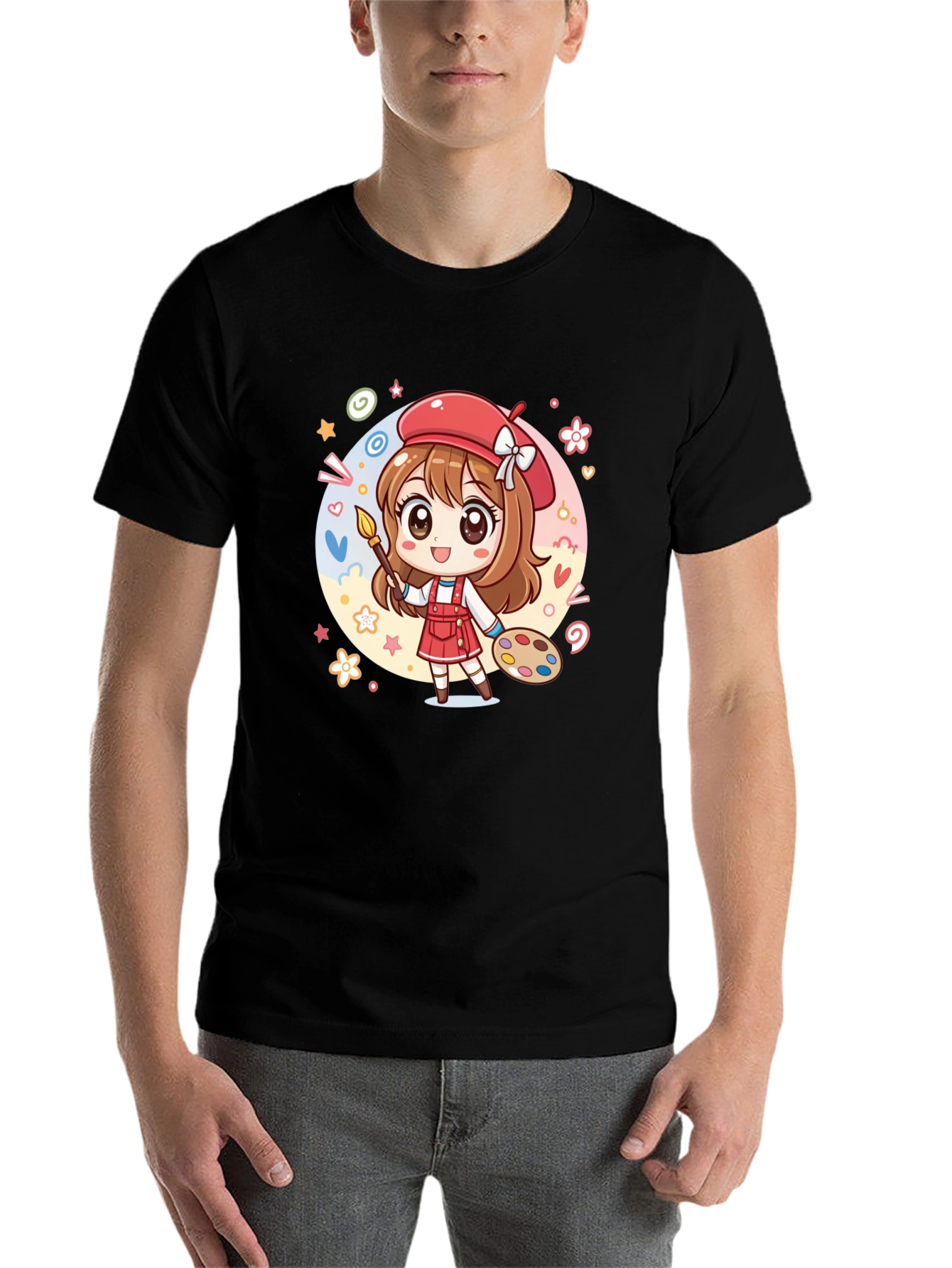 Black Cute Anime Artist Graphic T-Shirt view 7