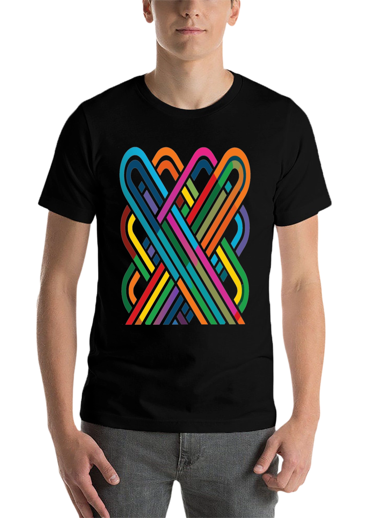 Black Geometric Ribbon Design Black Cotton T-Shirt view 7