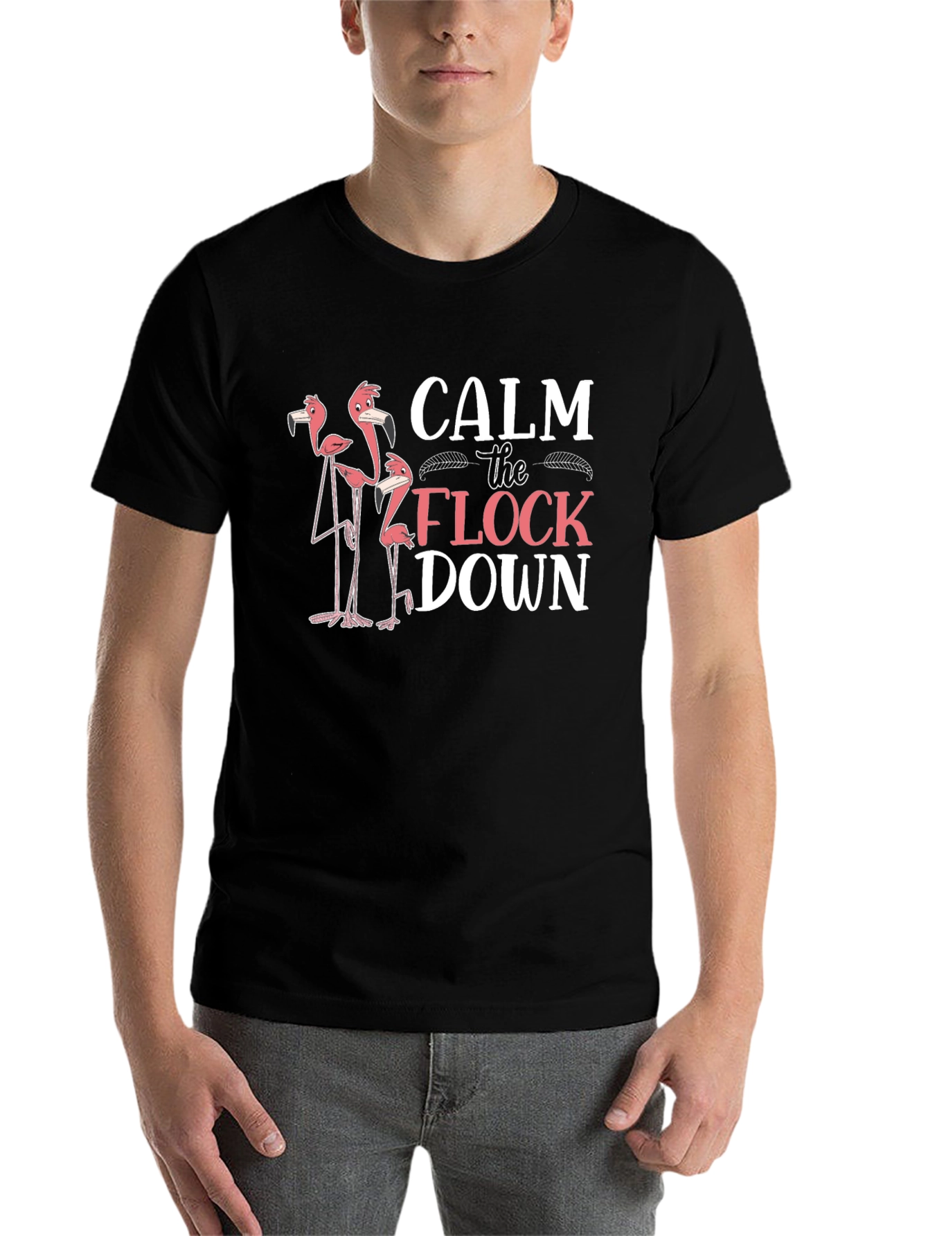Black Calm the Flock Down Flamingo Graphic T-Shirt view 7