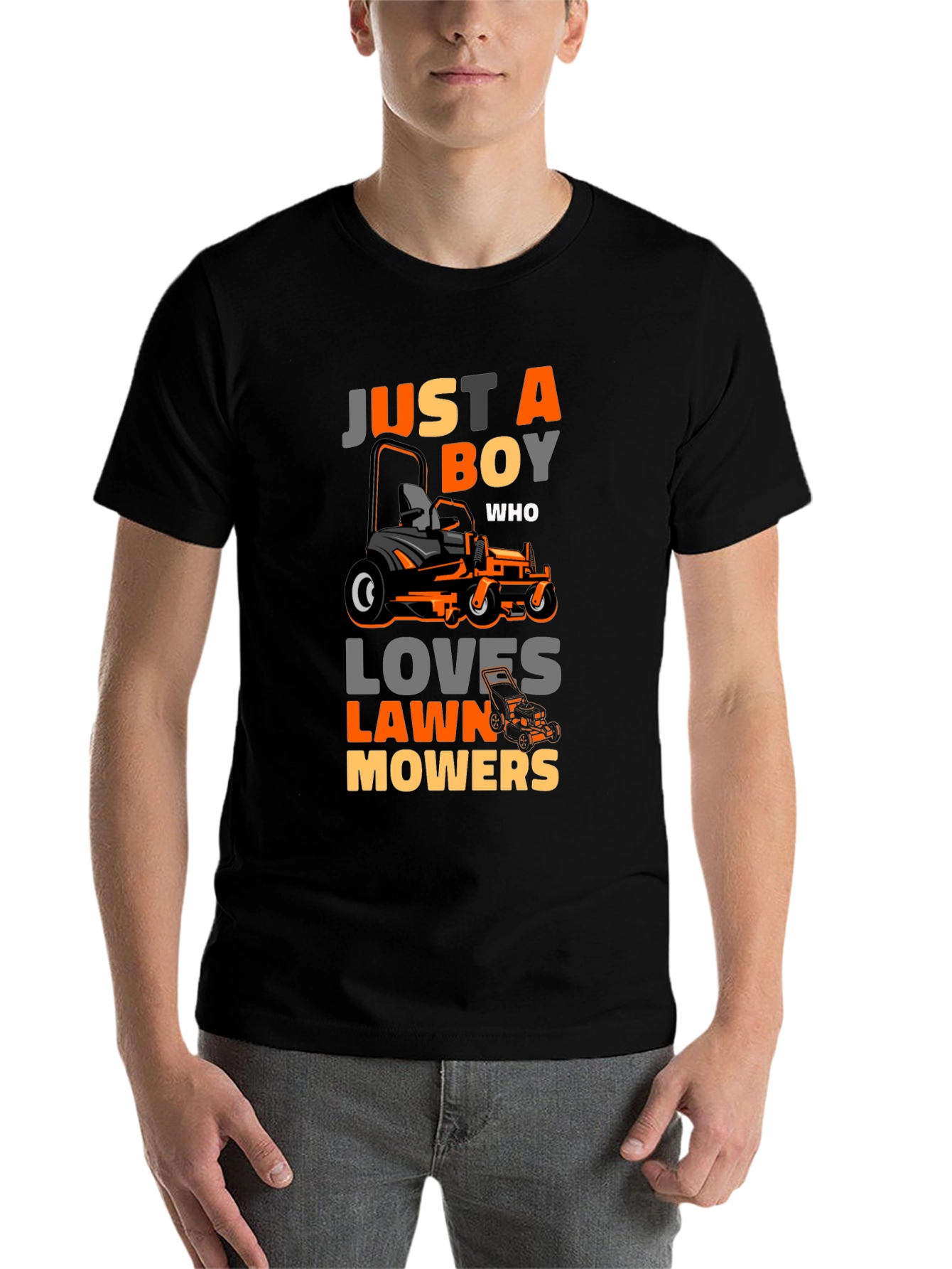 Black Just A Boy Who Loves Lawn Mowers T-Shirt view 7