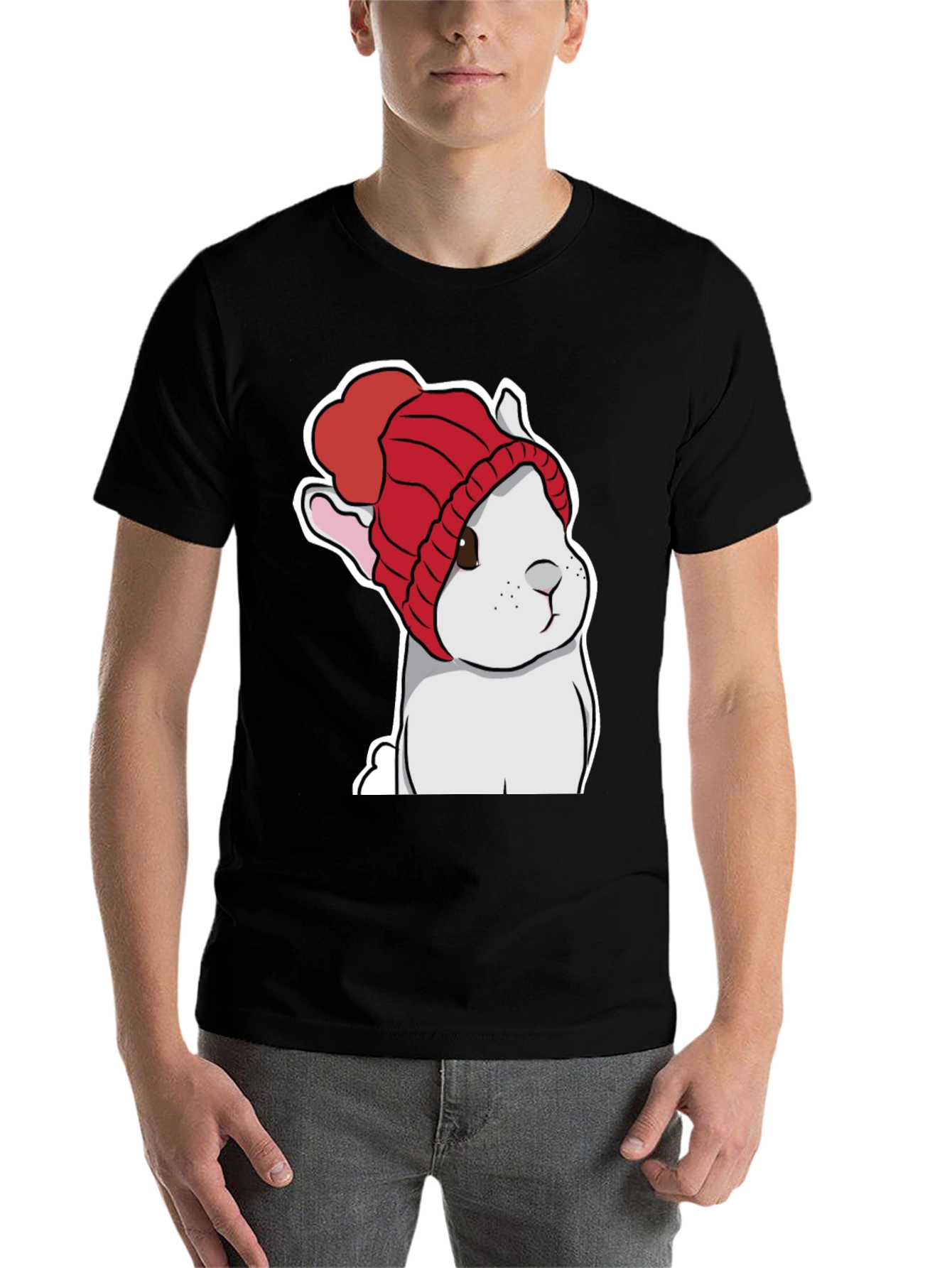 Black Cute Bunny in Red Knit Hat T-Shirt view 7