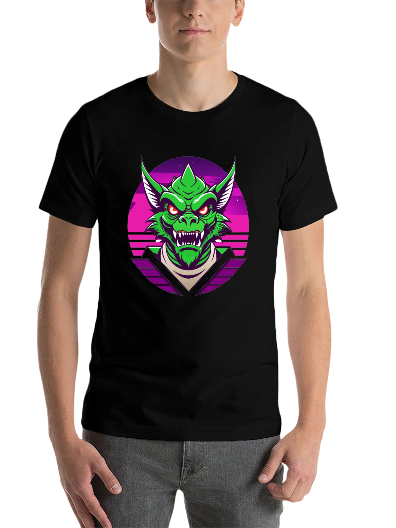 Black Retro Synthwave Dragon Graphic Tee view 7
