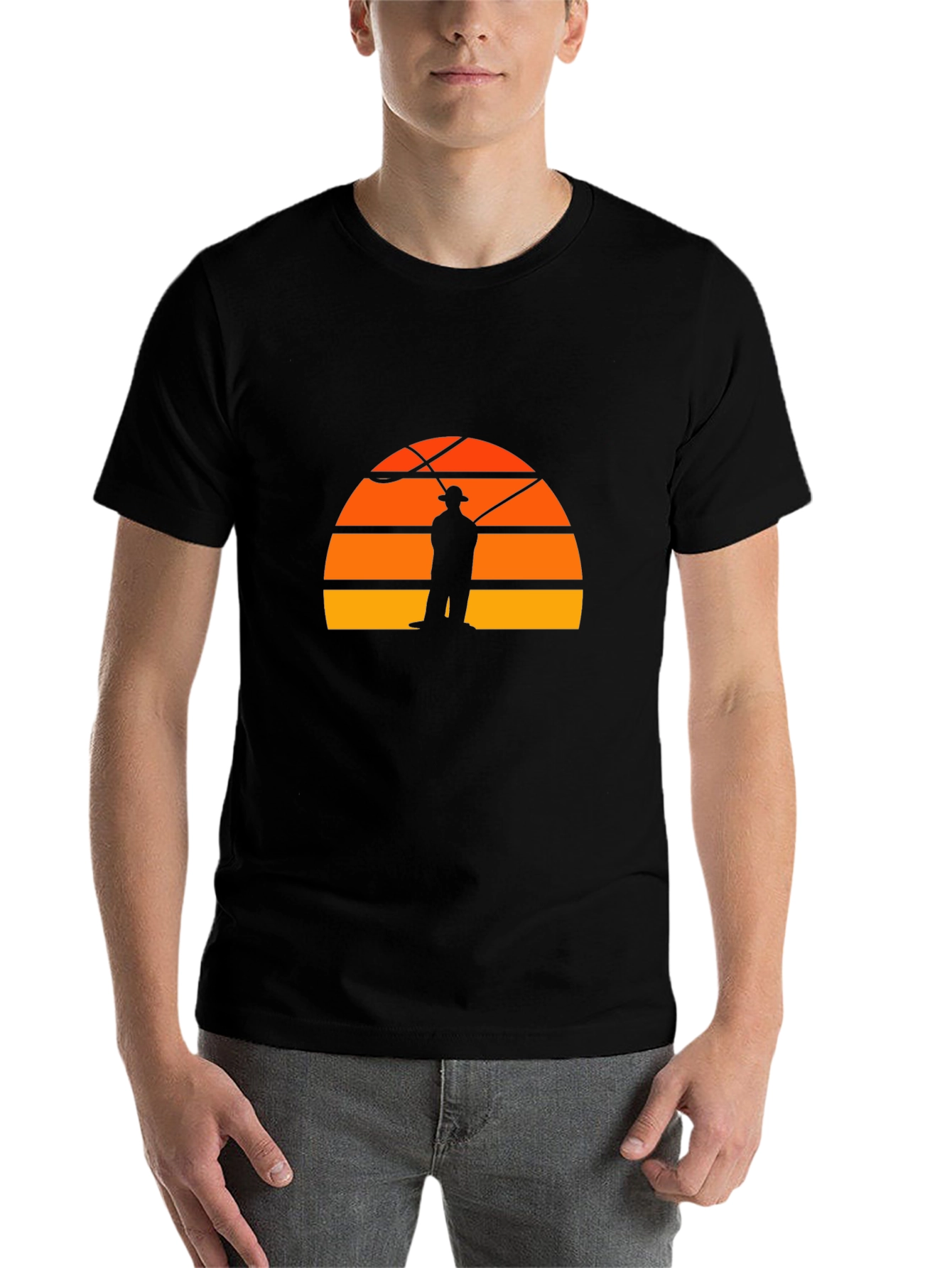 Black Fisherman Sunset Graphic Tee - Retro Style Black T-Shirt view 7