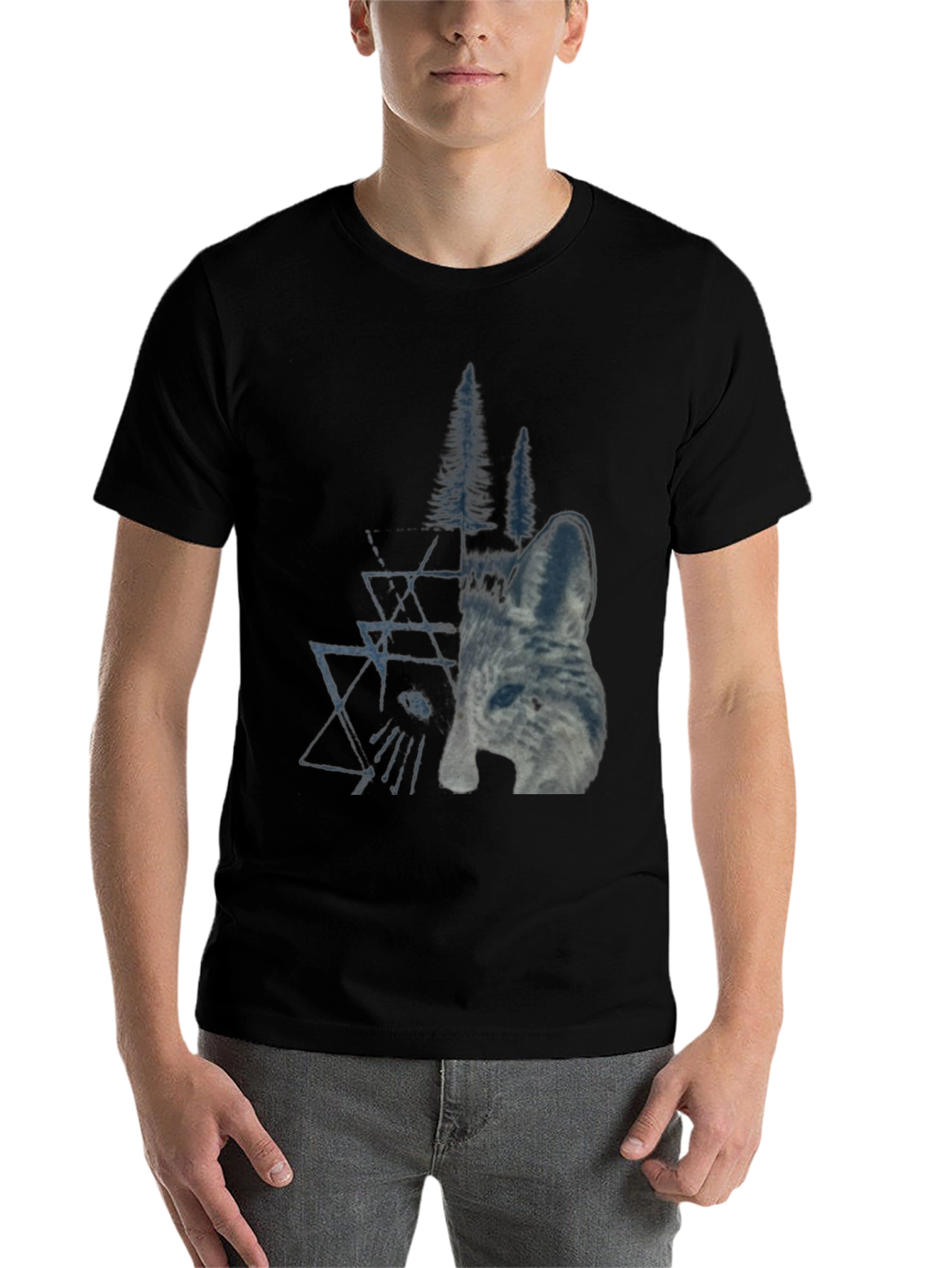Black Geometric Wolf & Trees Graphic Tee - Black view 7