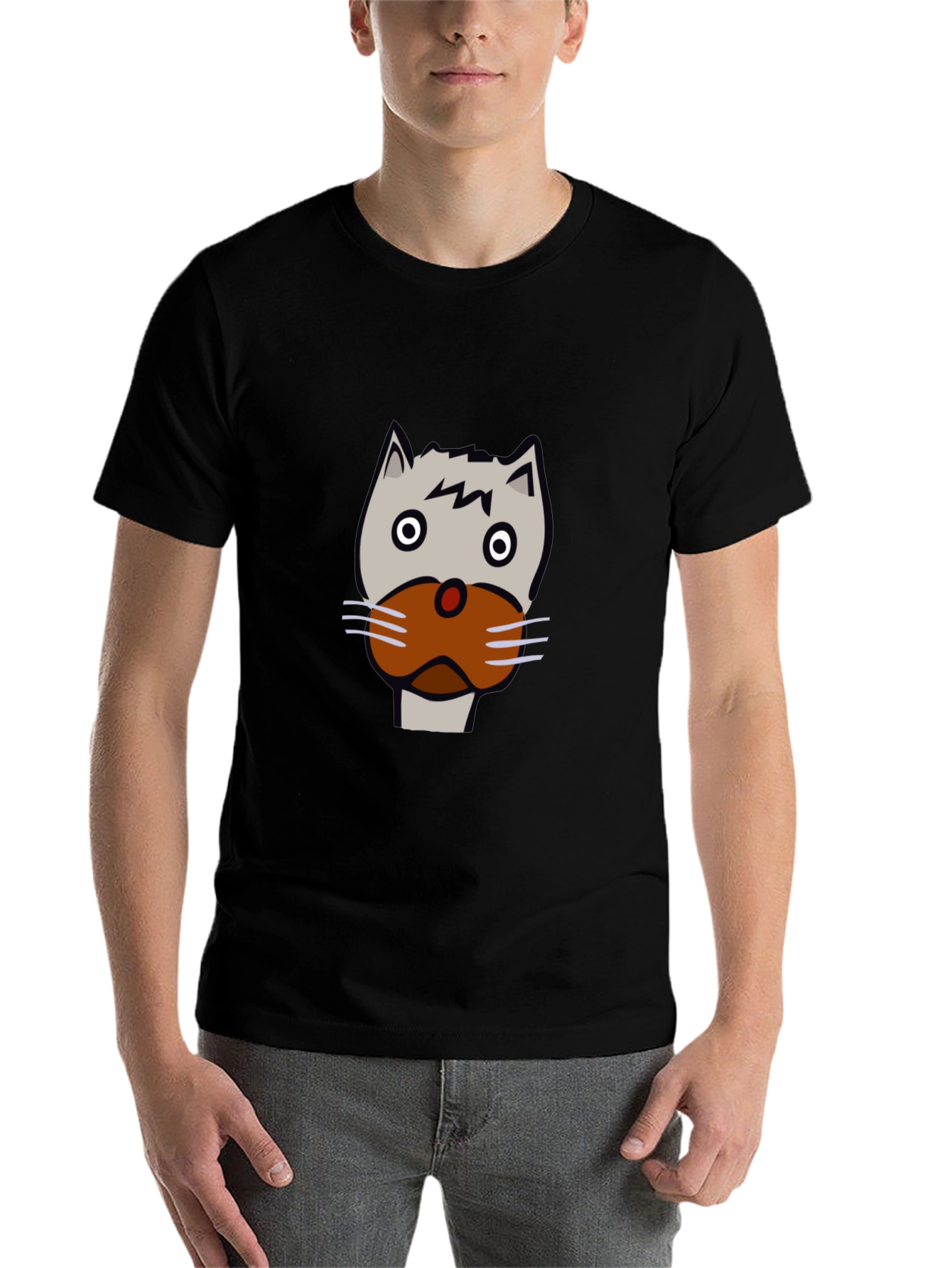 Black Funny Cartoon Cat Face Black T-Shirt view 7