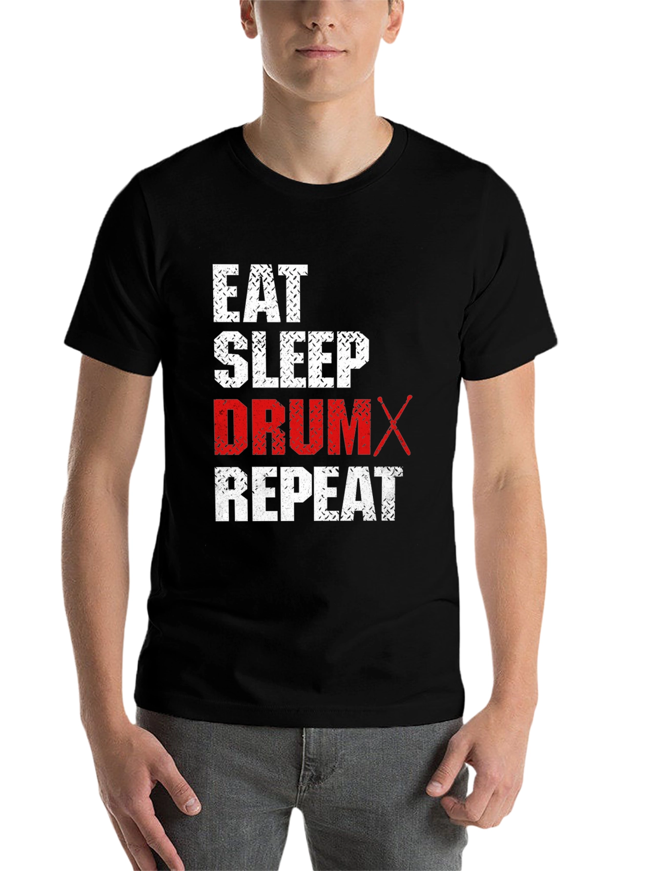 Black Eat Sleep Drum Repeat T-Shirt - Black Cotton Tee view 7