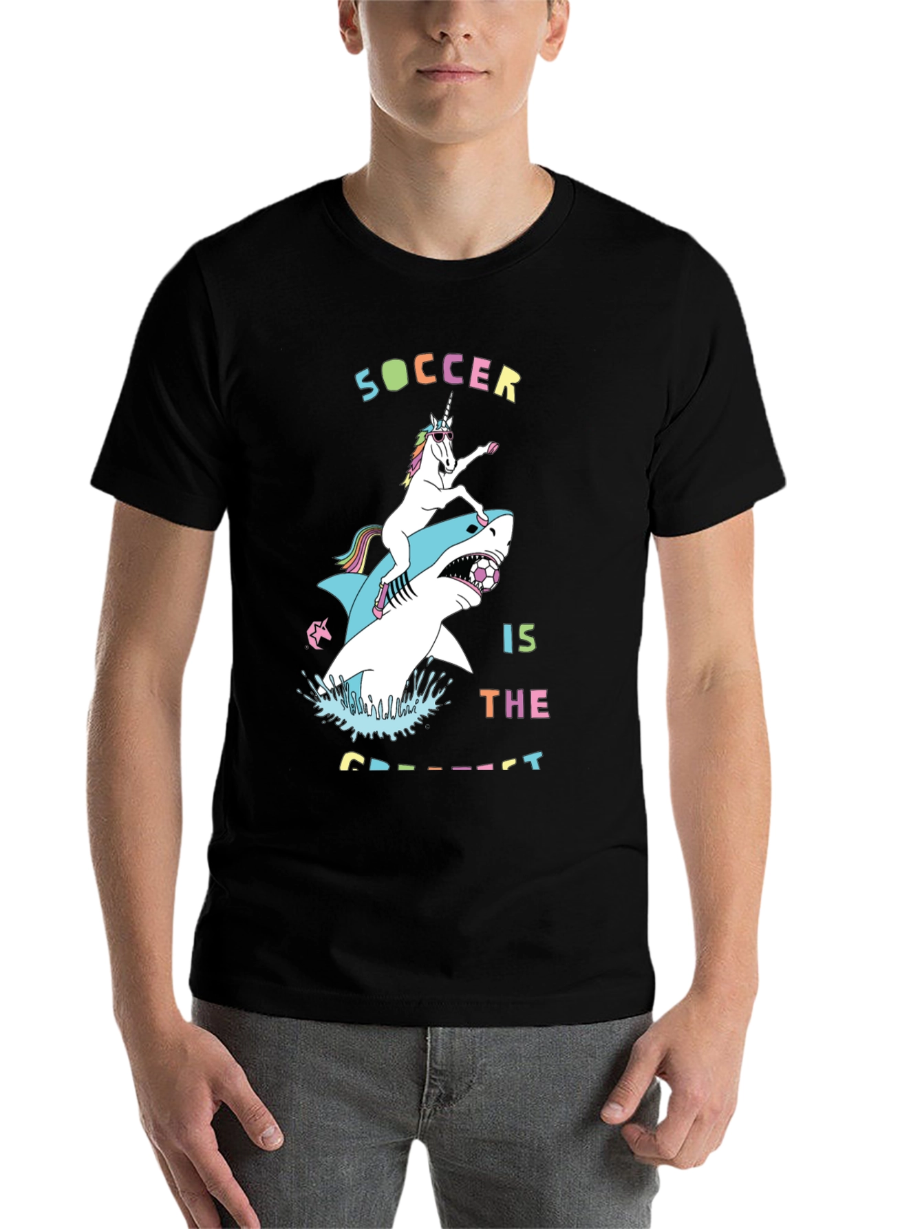 Black Unicorn Riding Shark Soccer T-Shirt view 7