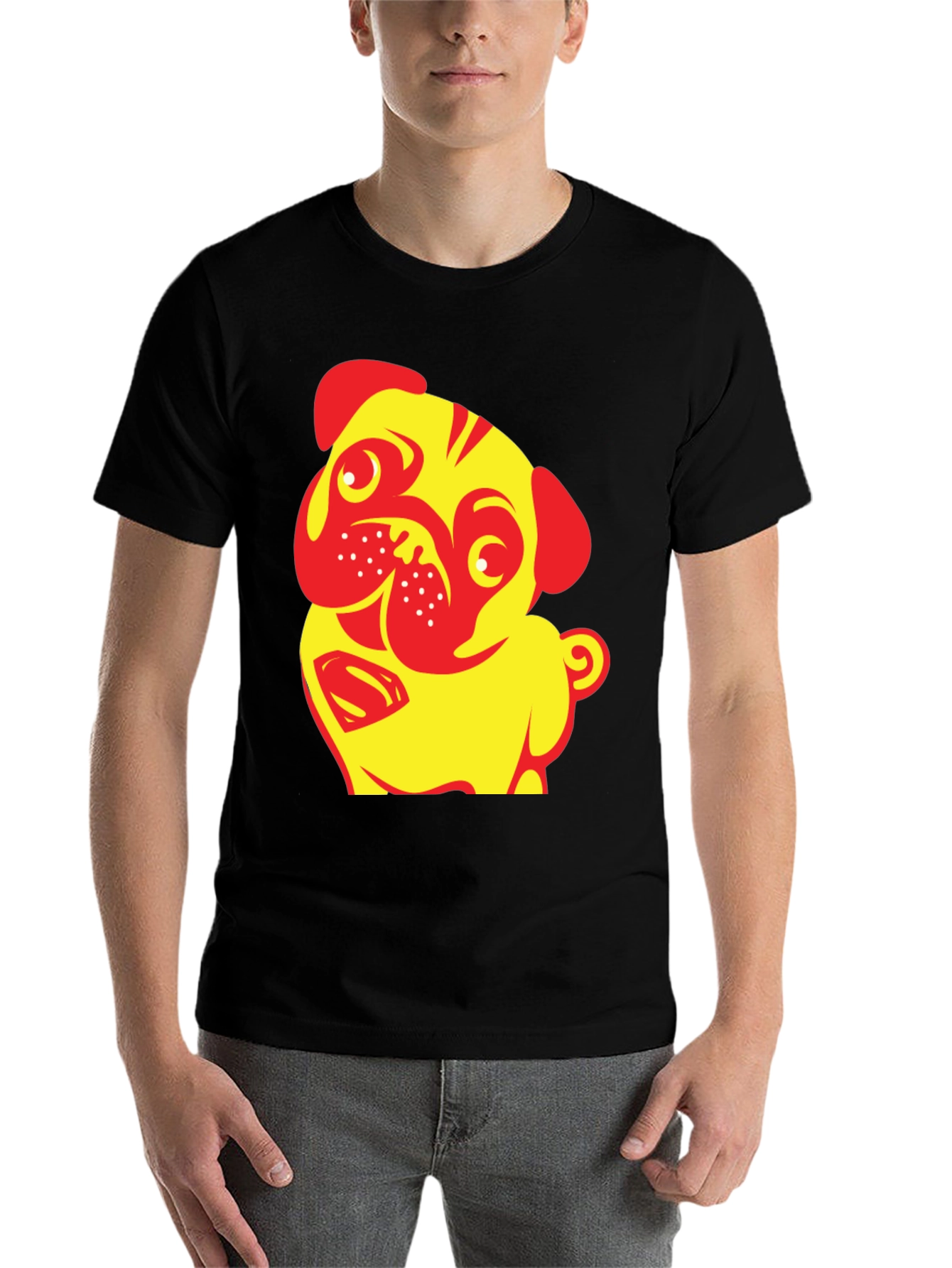 Black Pug-tastic Tee:  Yellow & Red Dog T-Shirt view 7