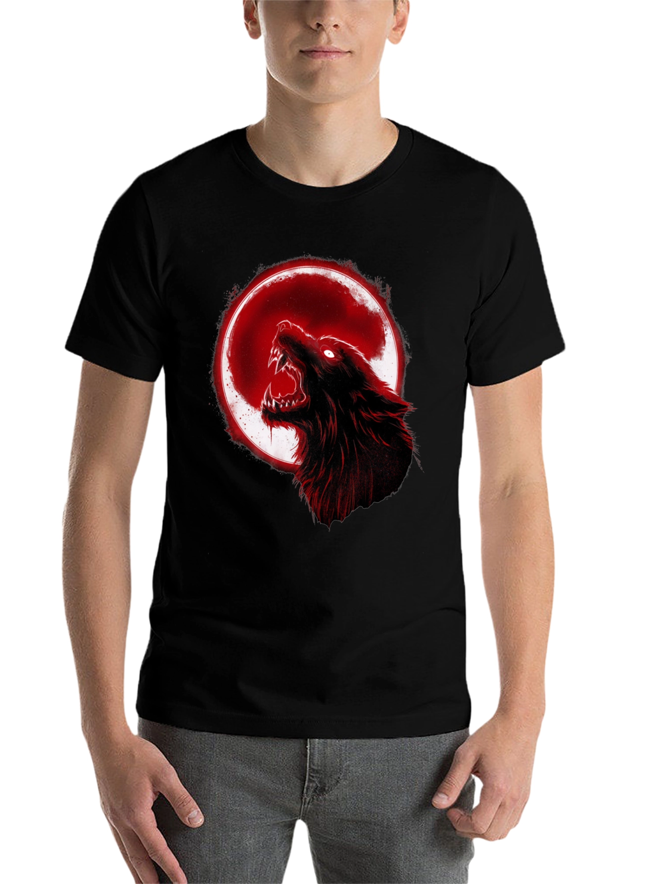 Black Full Moon Wolf Graphic Tee - Black Cotton T-Shirt view 7