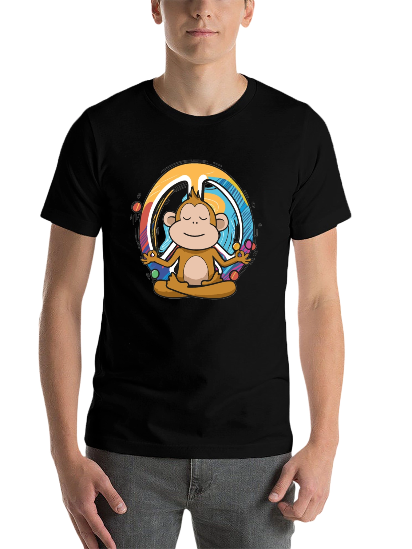 Black Meditating Monkey Peace Sign Graphic Tee - Black view 7