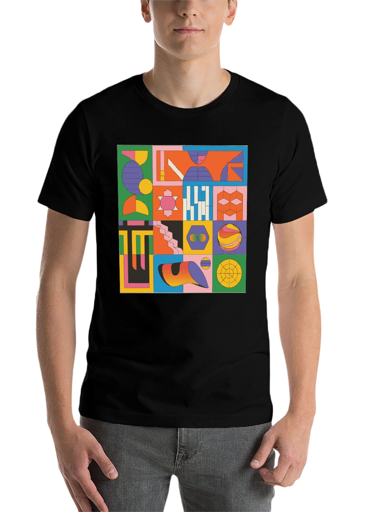 Black Geometric Pattern Graphic Tee - Modern Art T-Shirt view 7