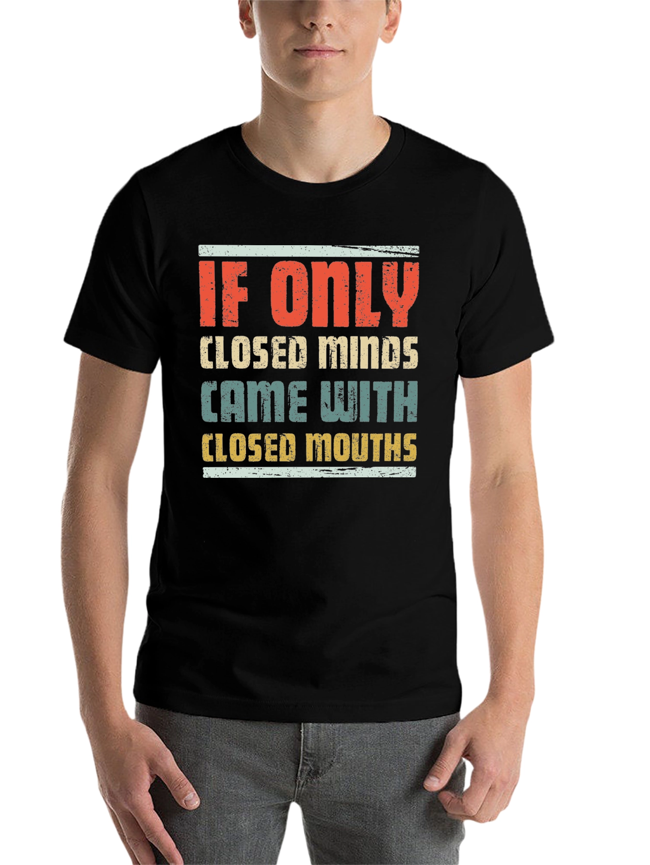 Black Humorous Graphic Tee - Closed Minds, Closed Mouths view 7