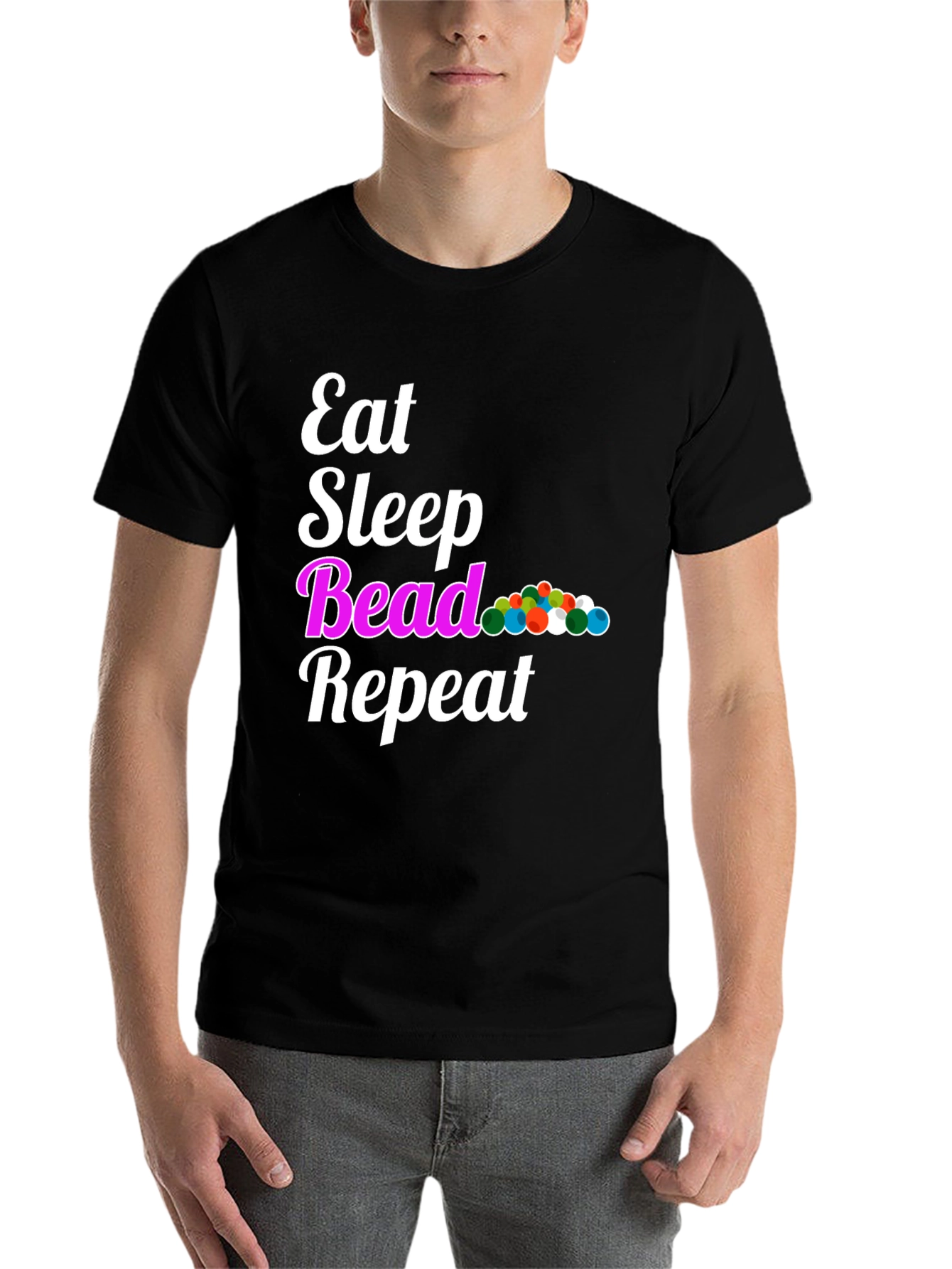 Black Eat Sleep Bead Repeat Black Graphic T-Shirt view 7
