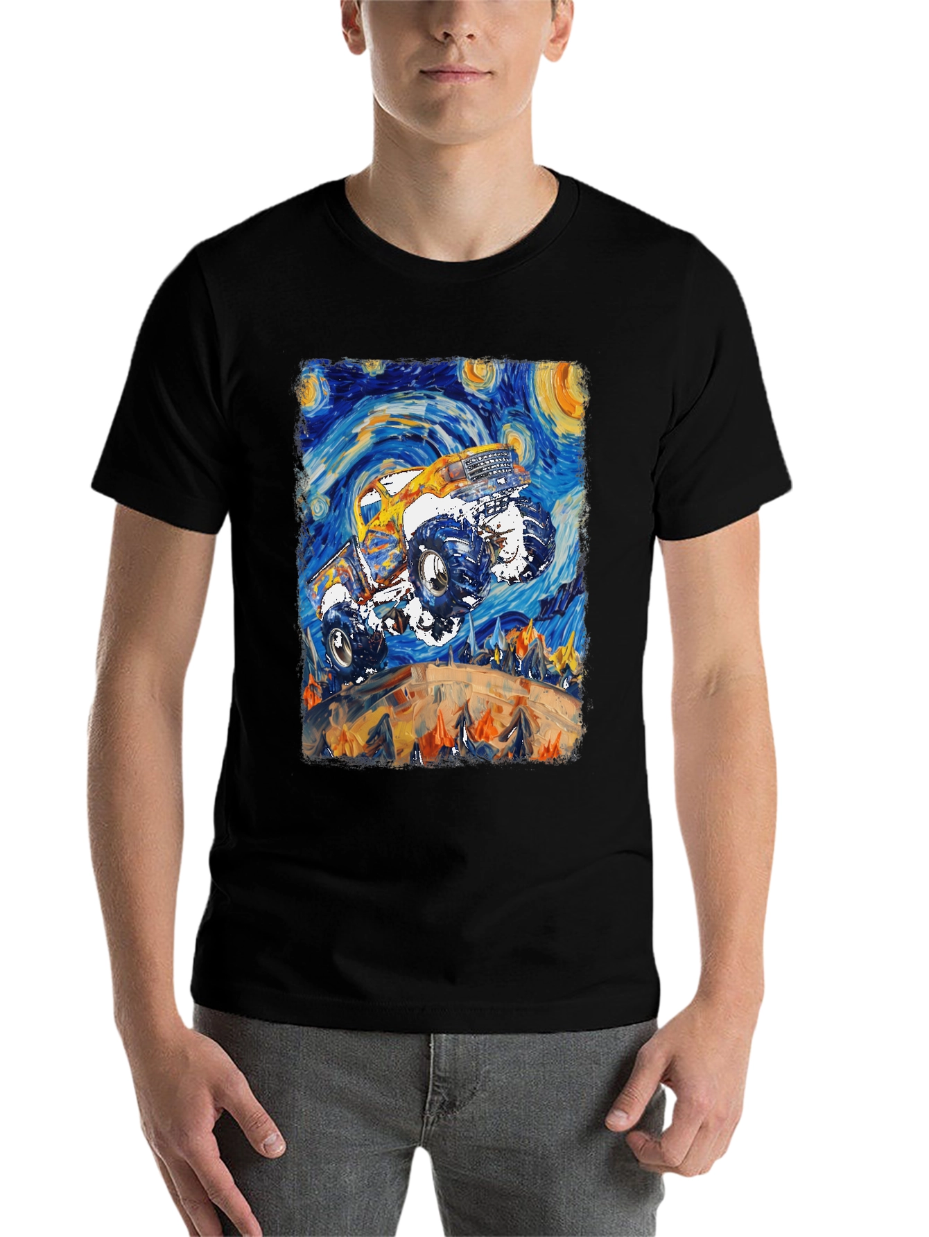Black Monster Truck Starry Night Art Graphic T-Shirt view 7