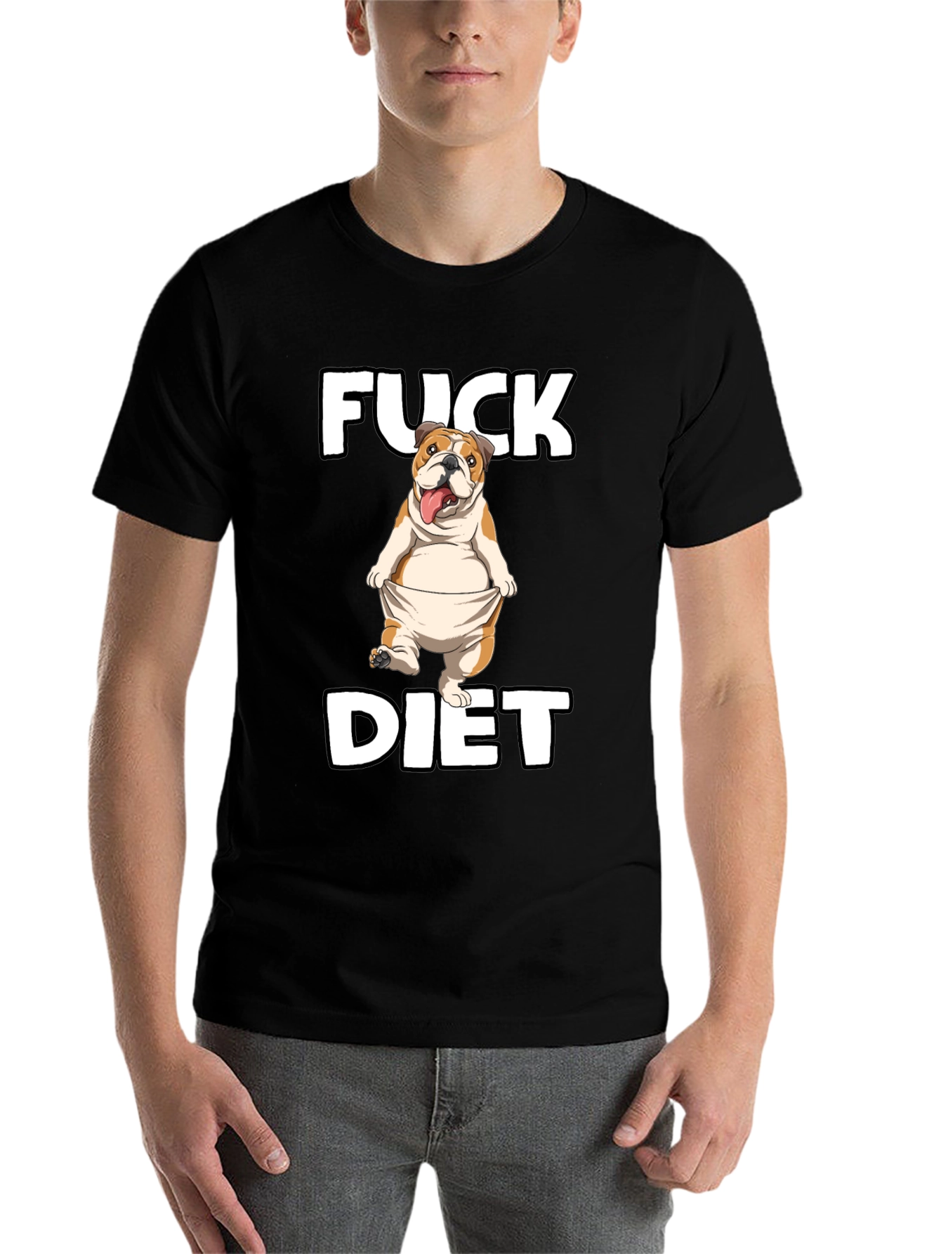 Black Funny 'Fuck Diet' Bulldog Graphic T-Shirt view 7