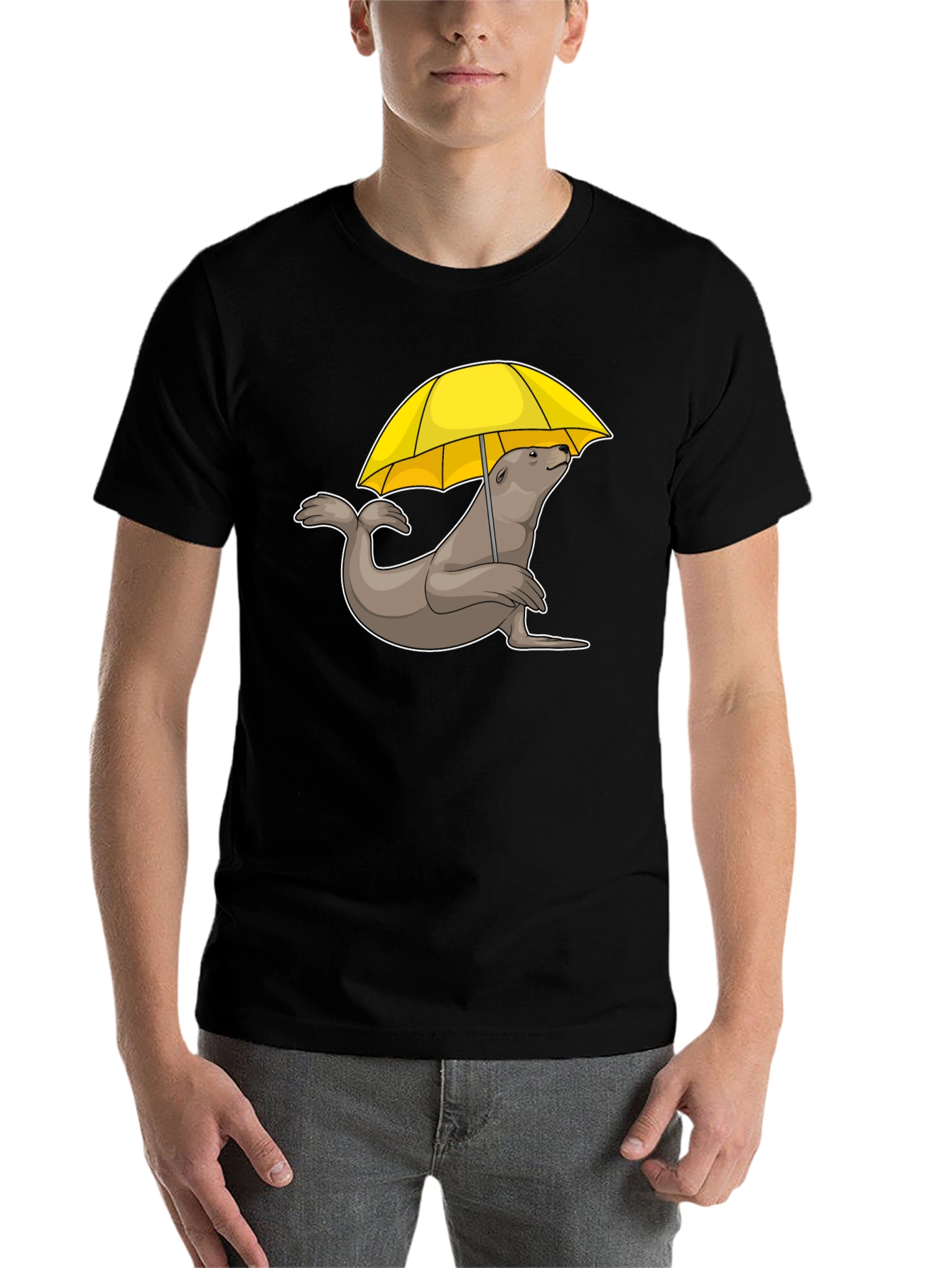 Black Seal with Umbrella T-Shirt - Black Cotton Tee view 7