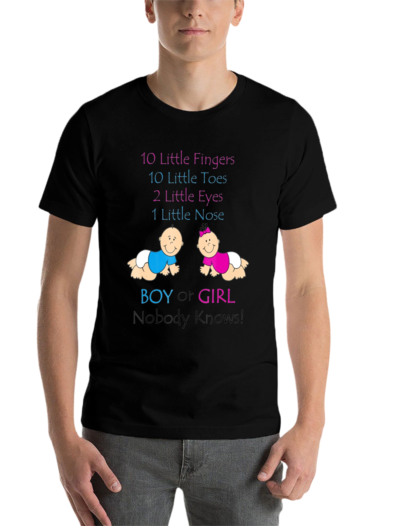 Black Baby Gender Reveal T-Shirt - Boy or Girl Nobody Knows! view 7