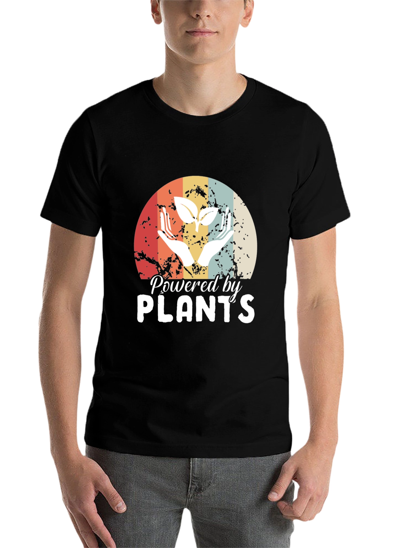 Black Powered by Plants T-Shirt - Retro Vegan Tee view 7