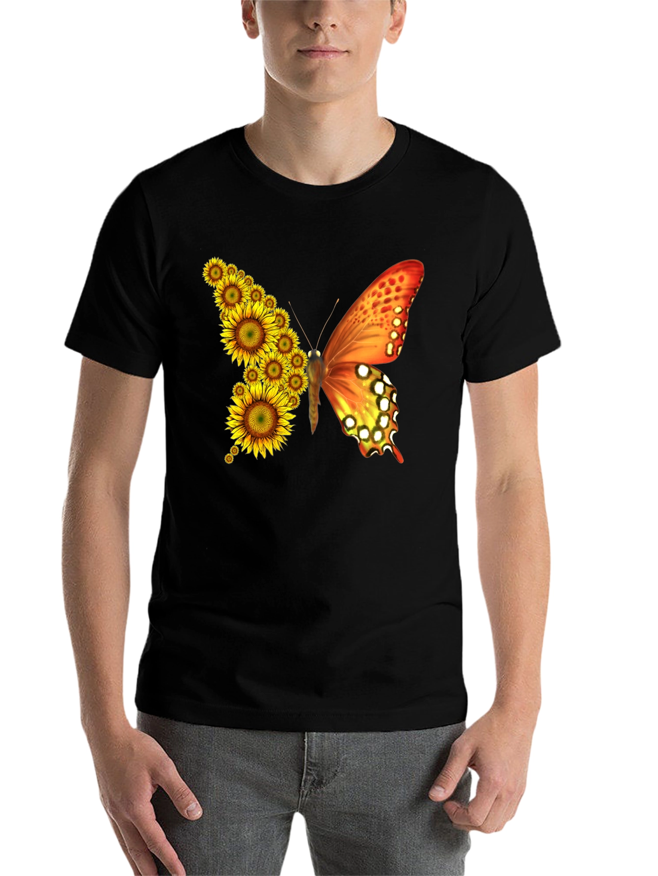 Sunflower Butterfly Graphic Tee - Black Cotton Blend Shirt - 7