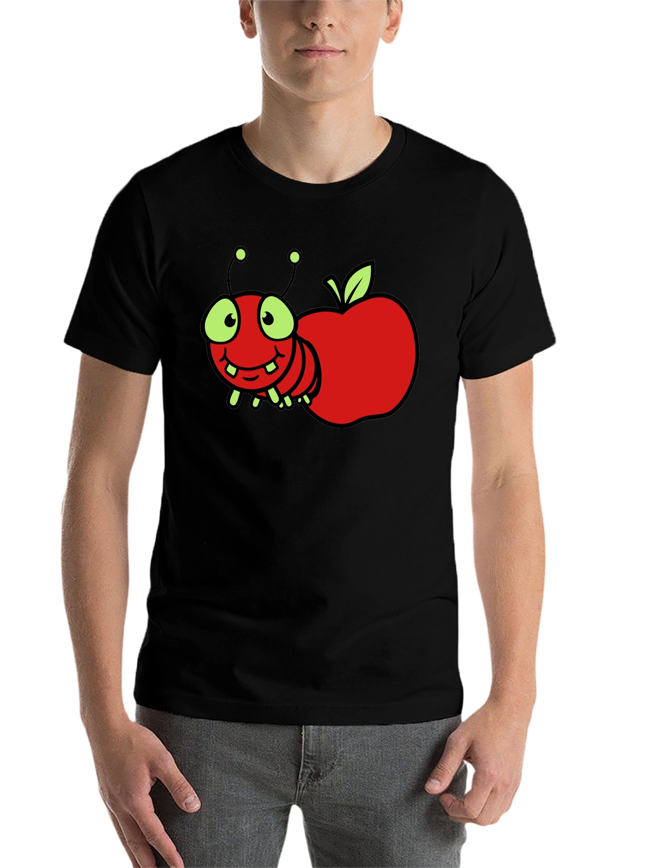 Black Cartoon Worm Apple T-Shirt view 7
