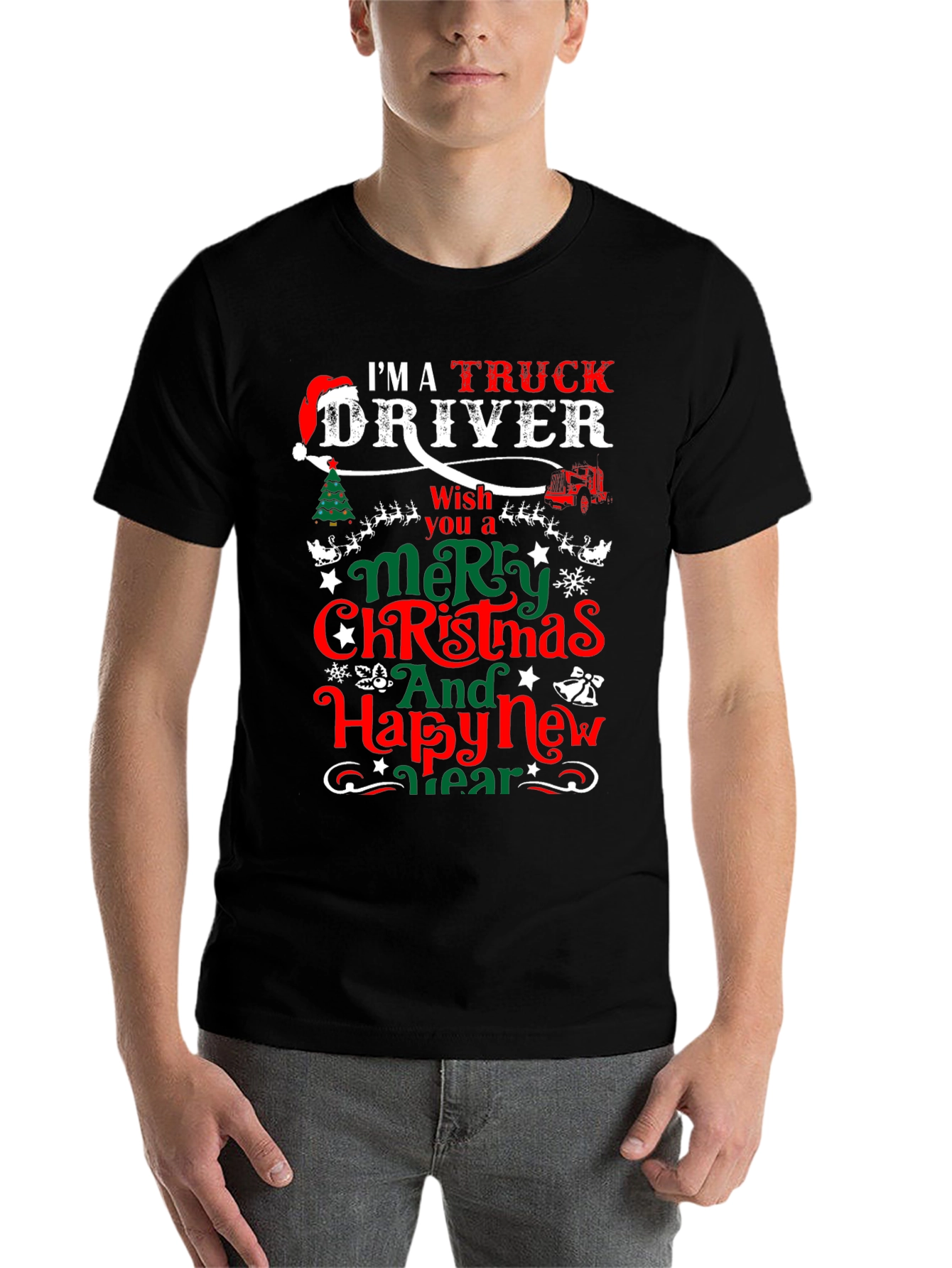 Black Truck Driver Christmas T-Shirt view 7