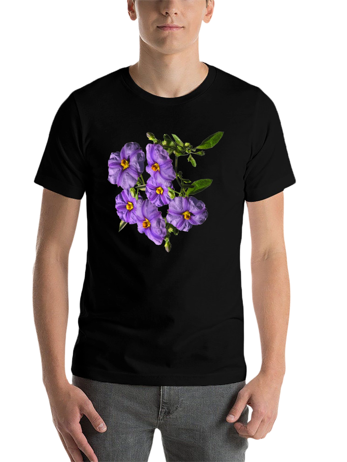 Black Floral Print Tee - Purple Flower Design view 7
