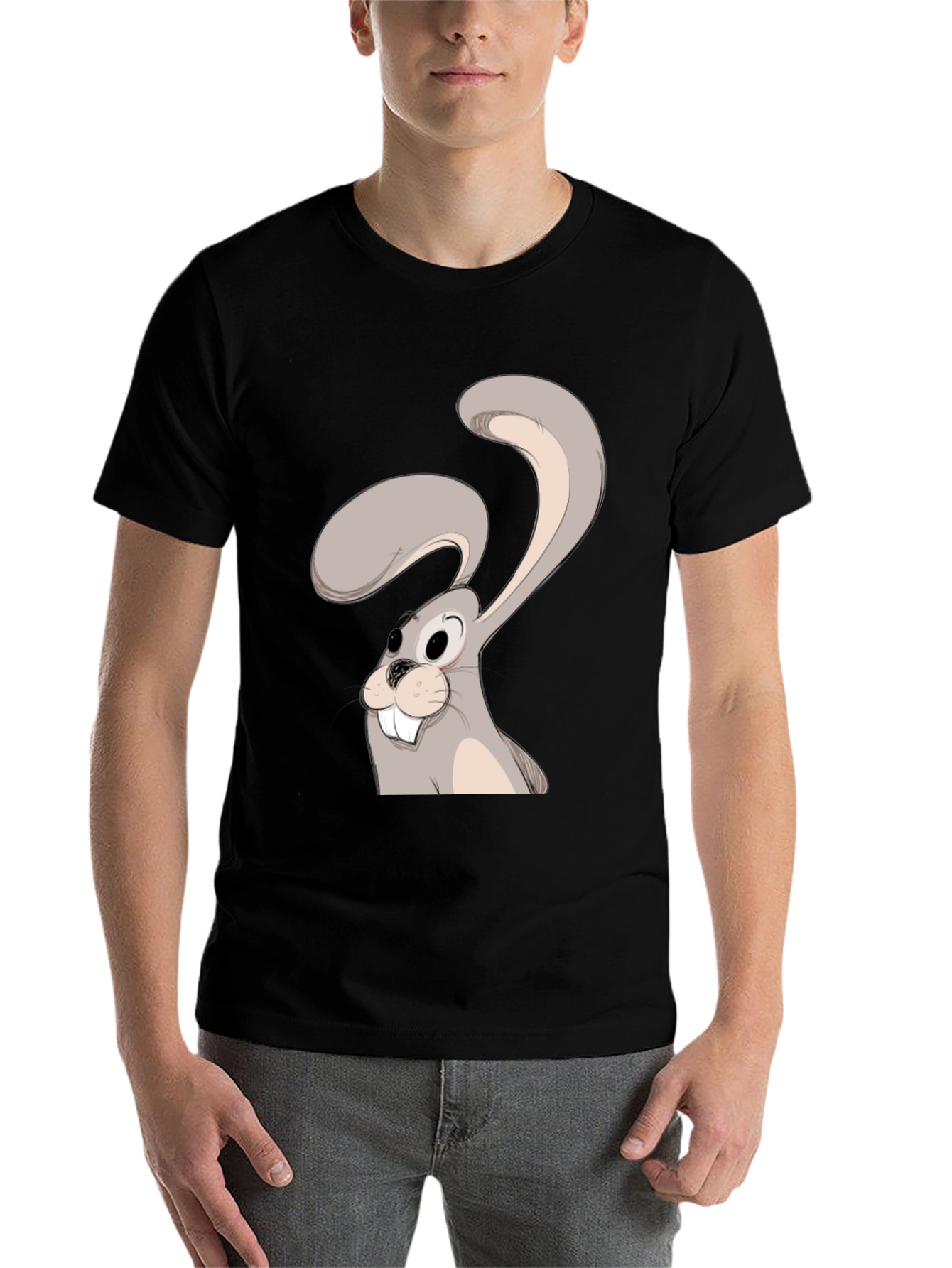 Black Cartoon Rabbit Graphic Tee - Black Cotton Blend view 7