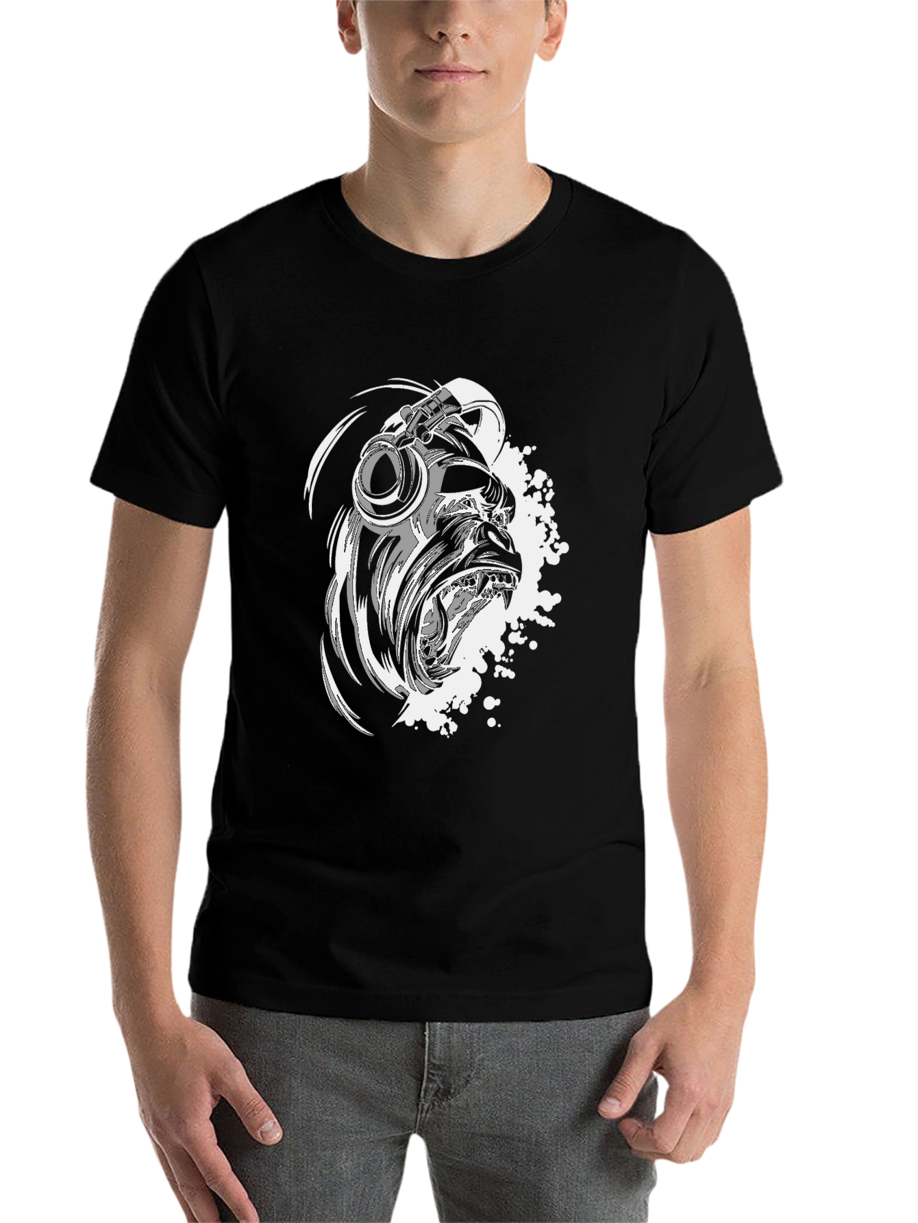 Black Cool Gorilla Headphone Graphic Tee view 7