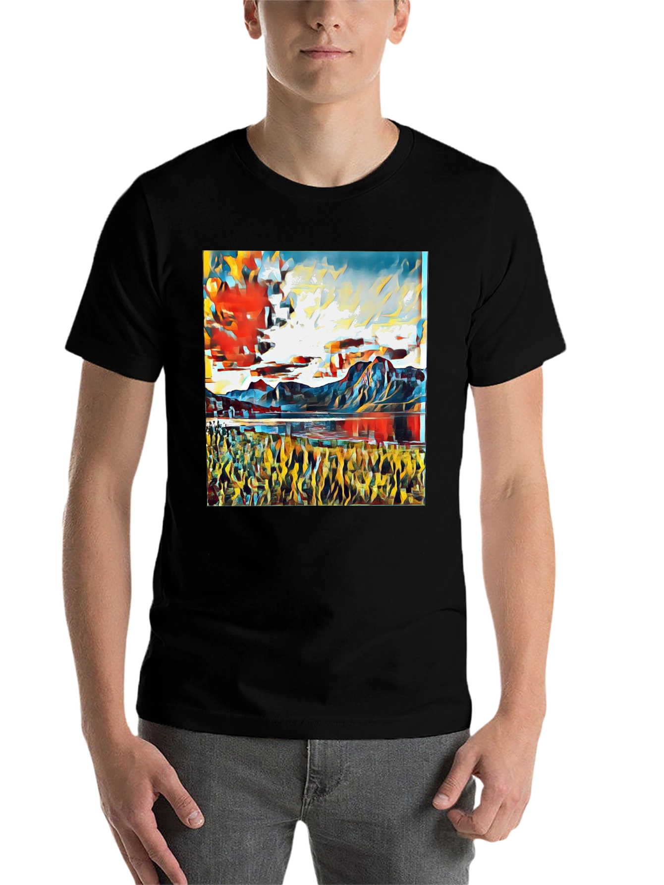 Black Abstract Landscape Graphic Tee - Stylish Art Shirt view 7