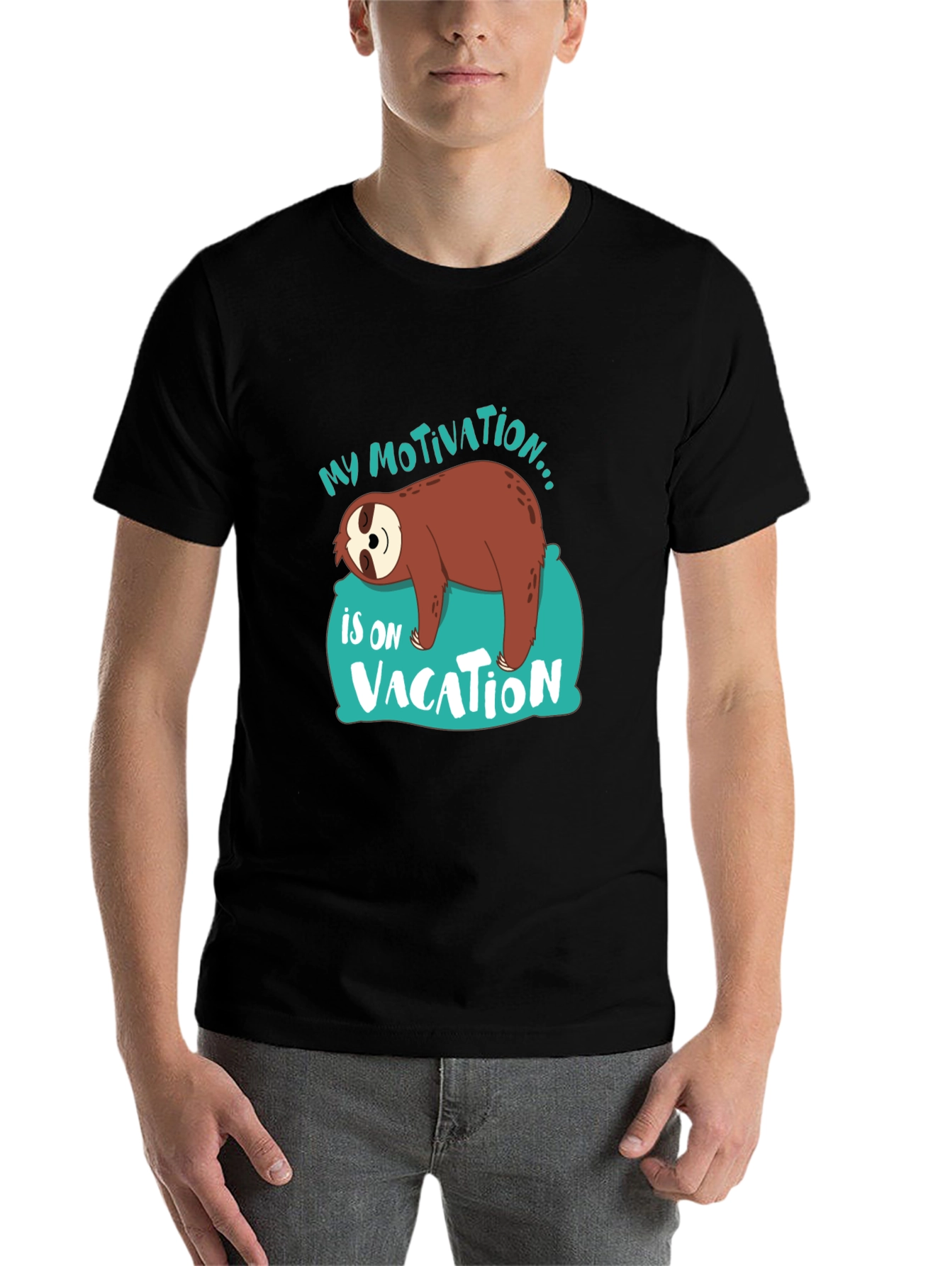 Black My Motivation is on Vacation Sloth Graphic T-Shirt view 7