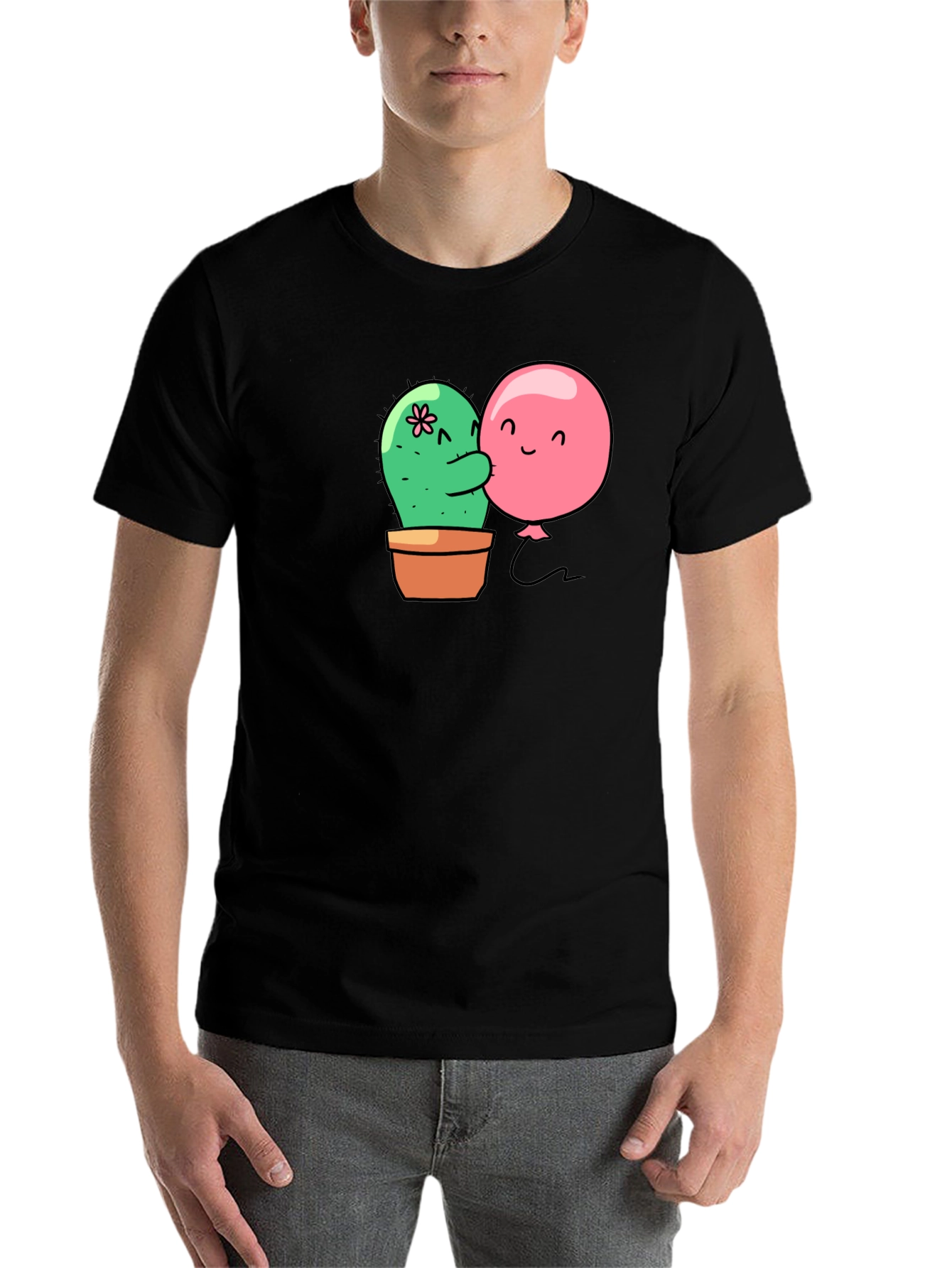 Black Cactus & Balloon Hug Black T-Shirt view 7