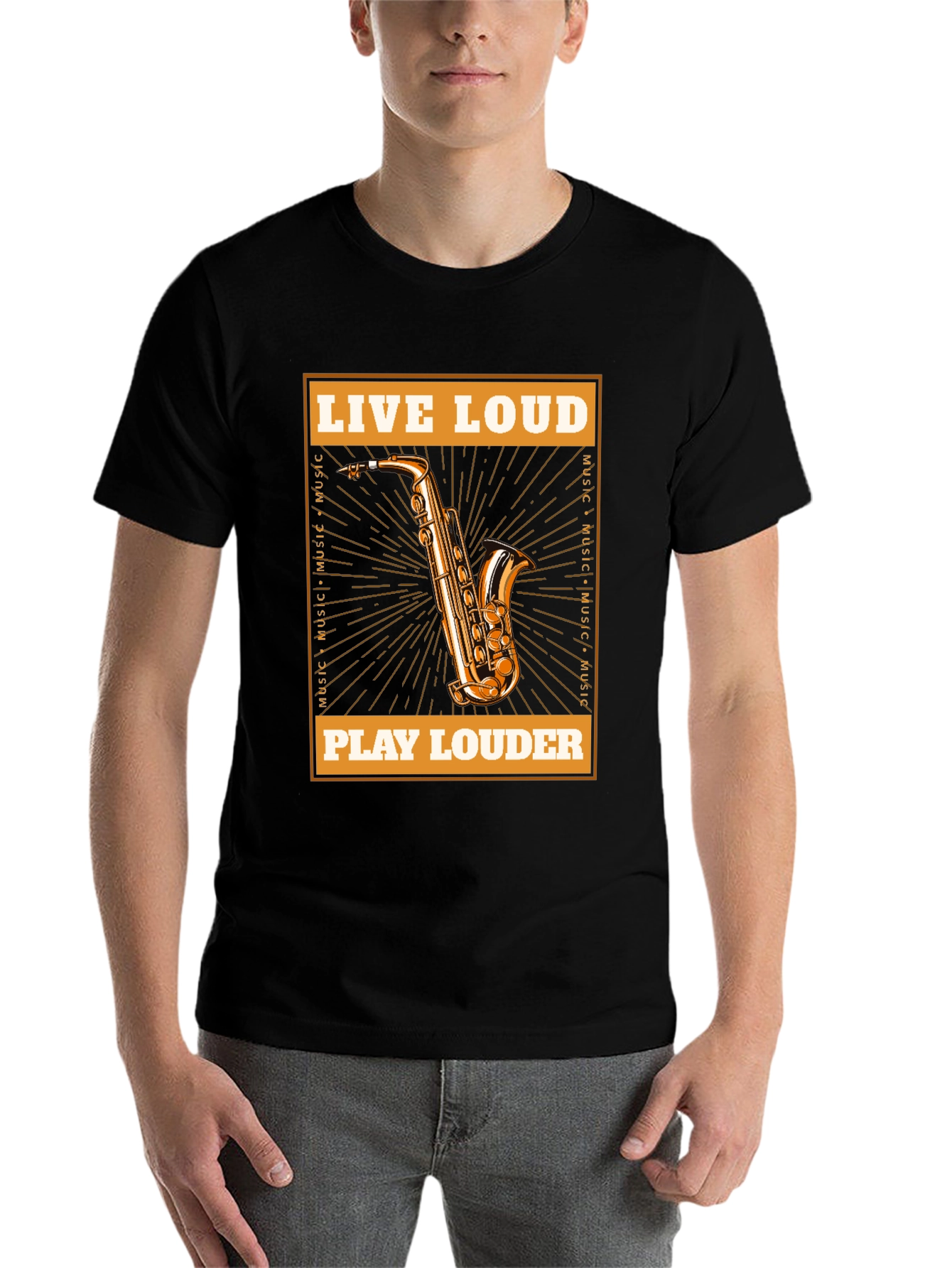 Black Live Loud Saxophone Graphic T-Shirt - Music Lover Tee view 7